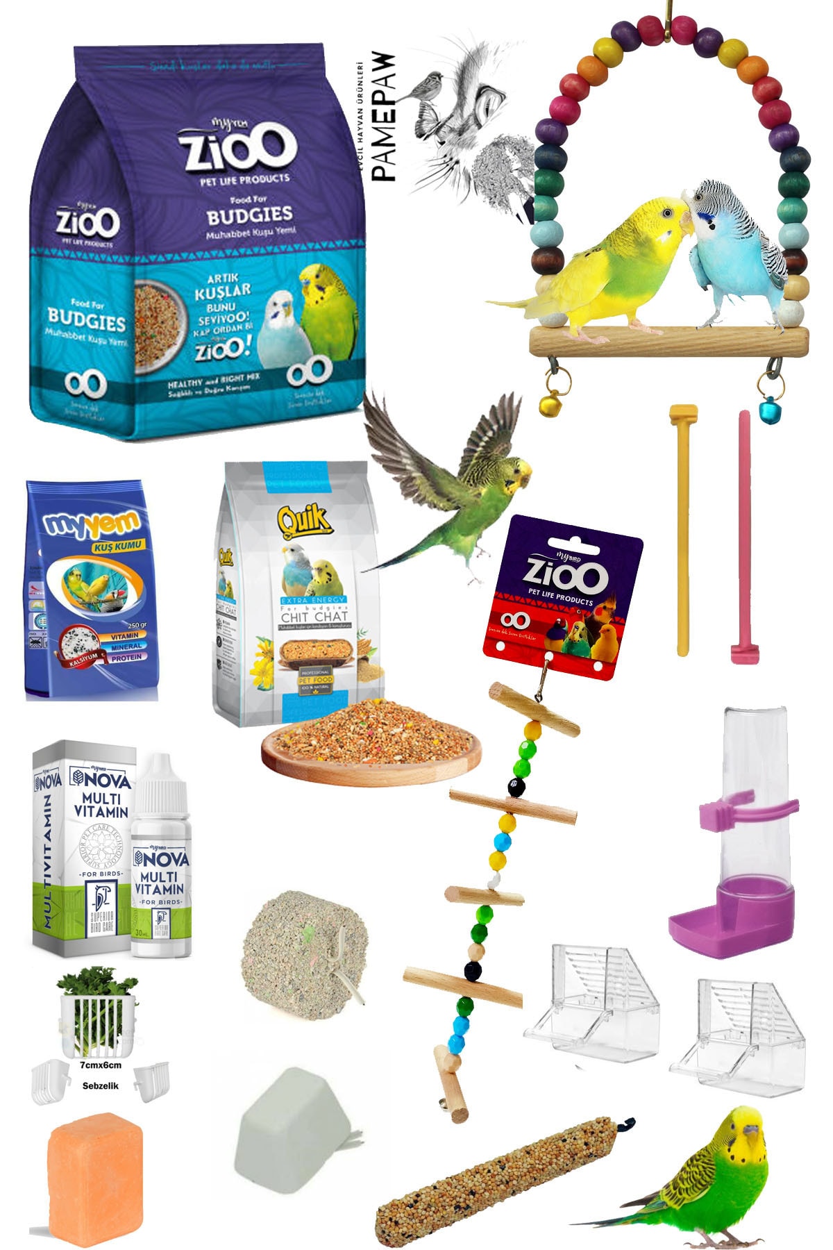 PAMEPAW Muhabbet Kuşu Yem Ve Ihtiyaç Seti 16 Parça