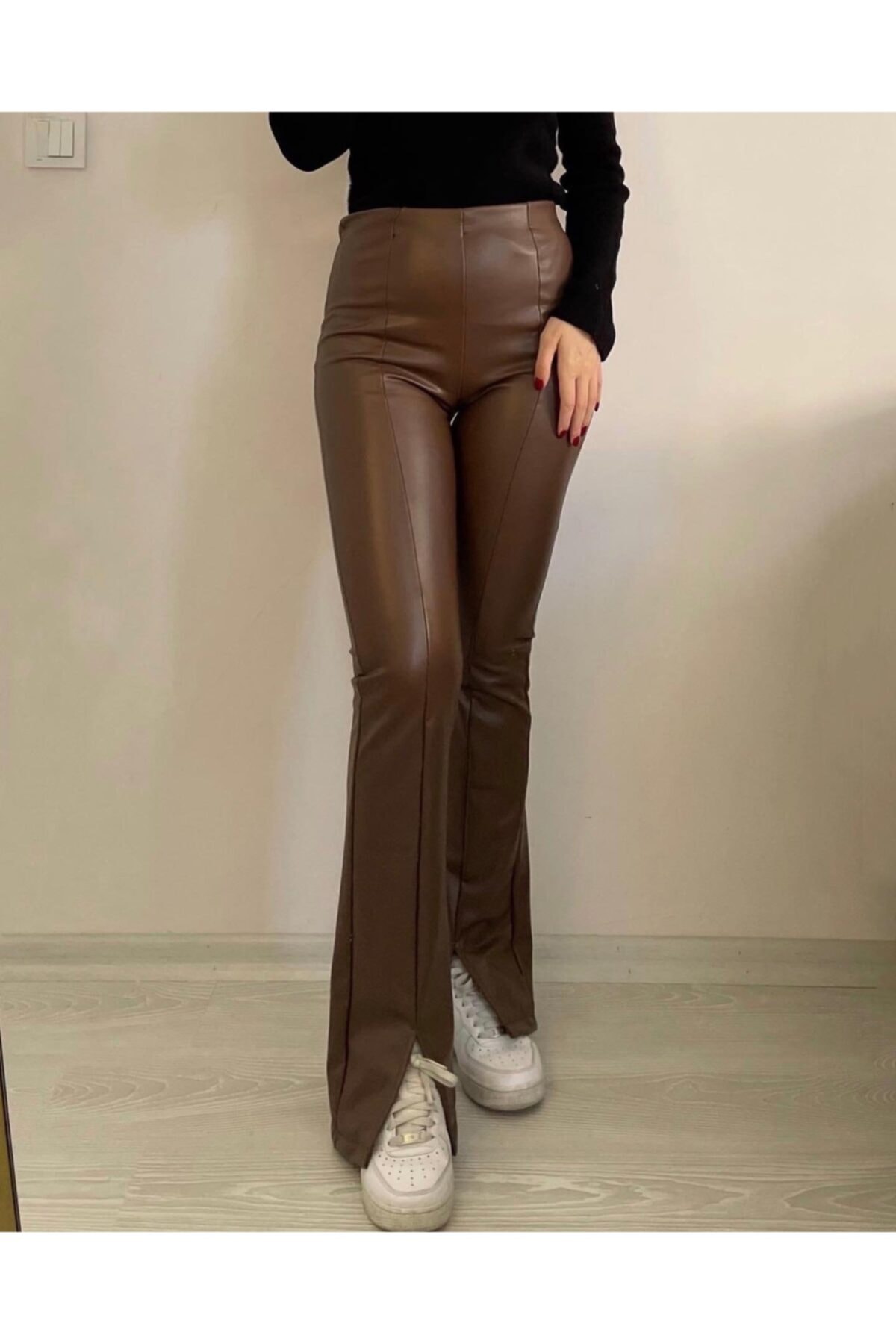 SETABUTİK Yırtmaç Detaylı Deri Tayt