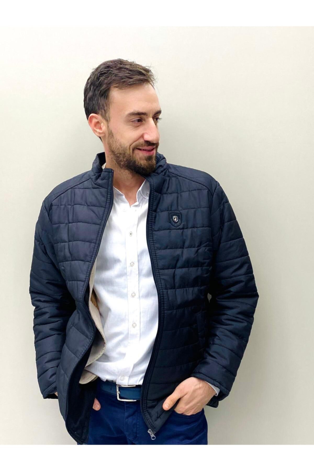 CTRL Dik Yaka Fermuarlı Içi Polar Şişme Mont Kaban Ceket Lacivert Renk Unisex