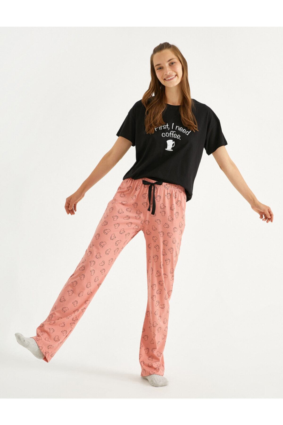 Koton Sloganlı Pijama Takımı Pamuklu