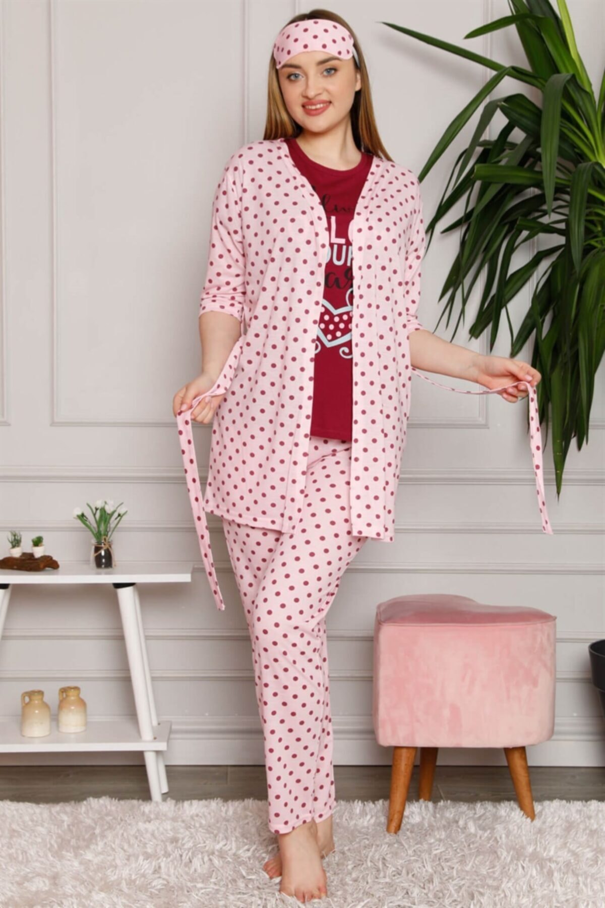 alfaze Kadın Pamuk 3'lü Sabahlık Pijama Takım 1119 Pembe