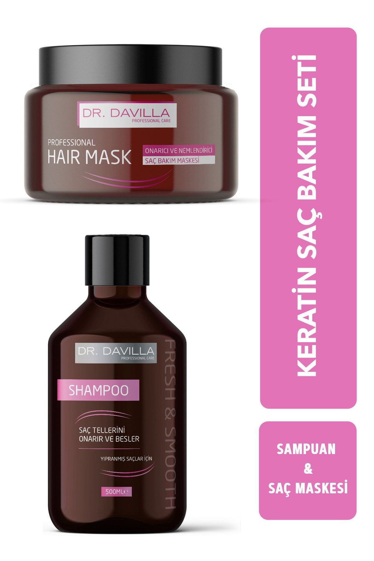 Dr.Davilla Saç Bakım Seti, Tuzsuz Şampuan 500ml + Keratin Saç Maskesi 500ml