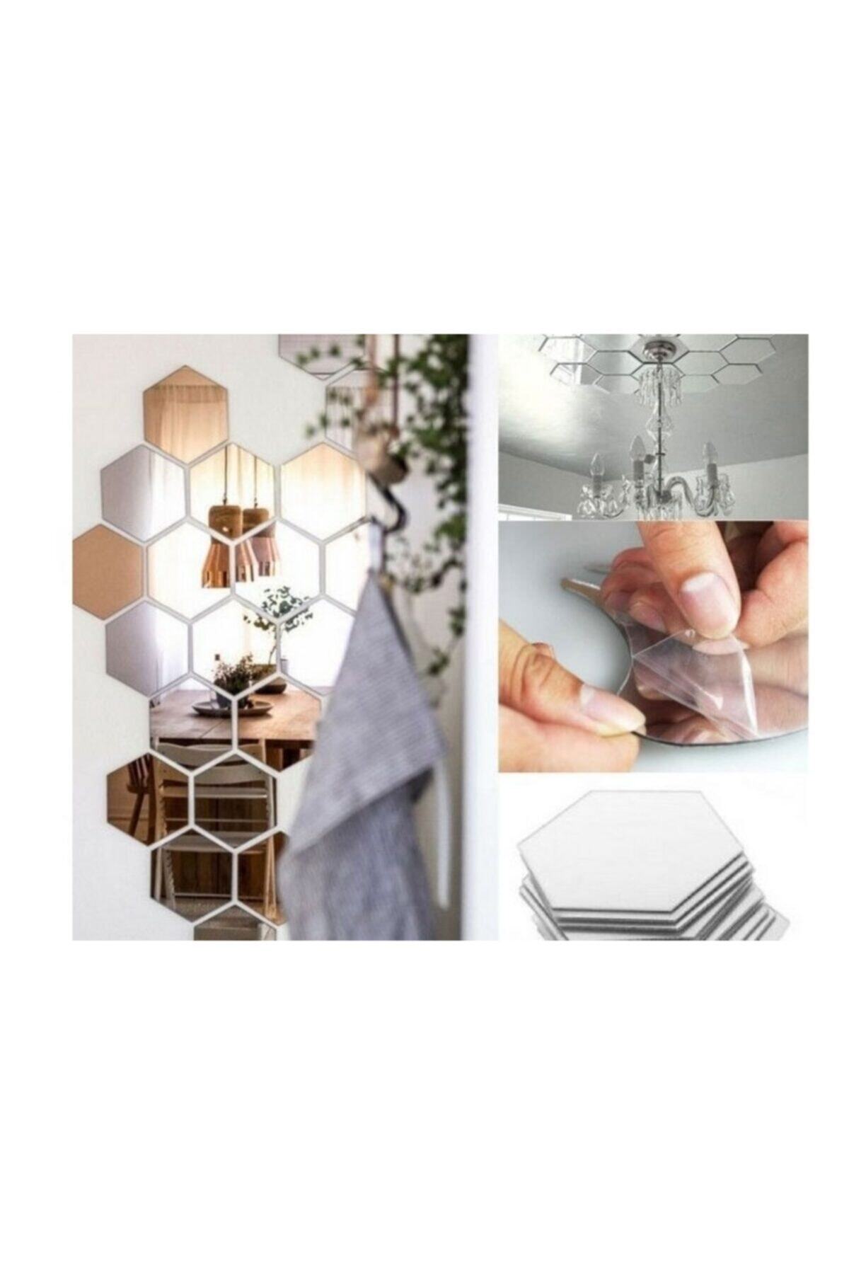 Skygo 12 Adet Orta Boy Yapışkanlı Dekoratif Akrilik Ayna Altıgen-