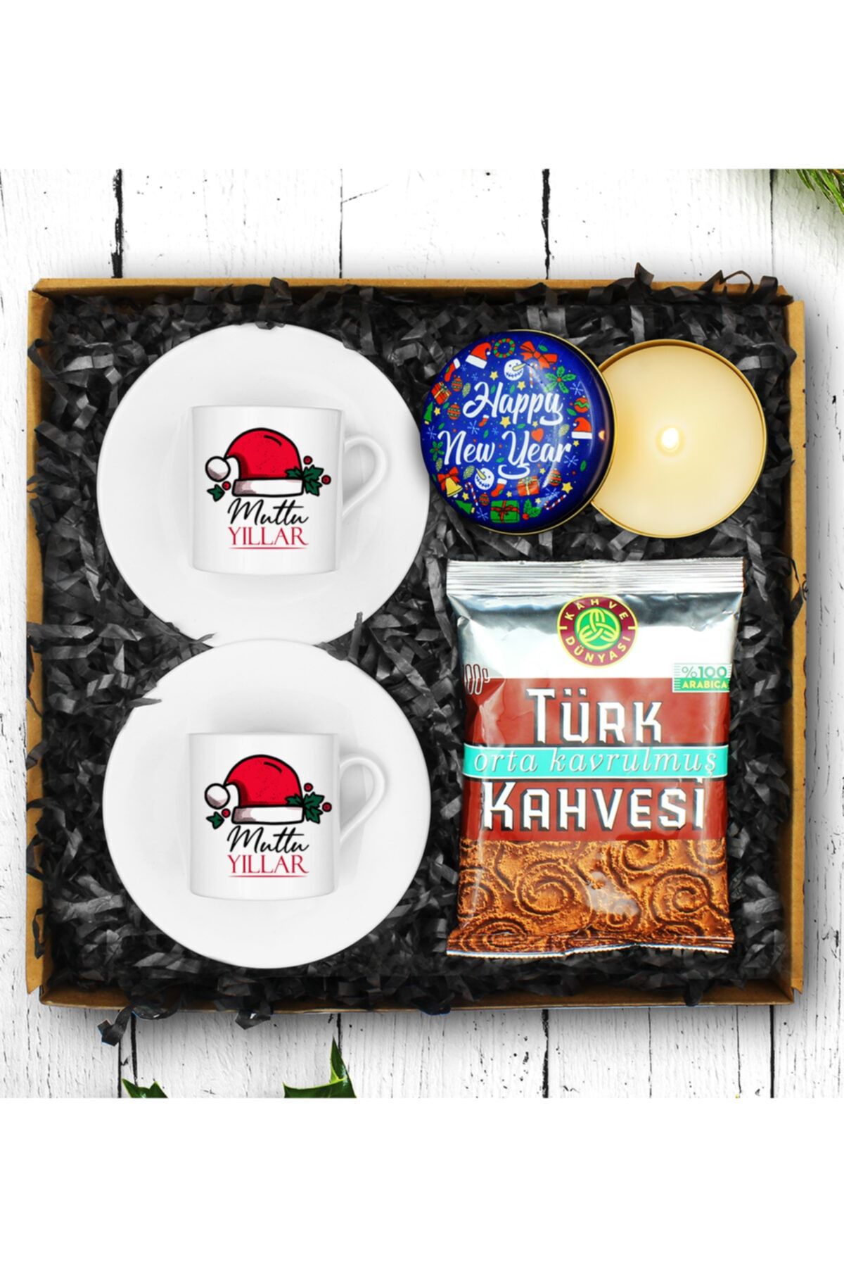 Apollon Gift Yılbaşına Özel Tasarım Porselen Fincan  Yılbaşı Mumu Türk Kahvesi
