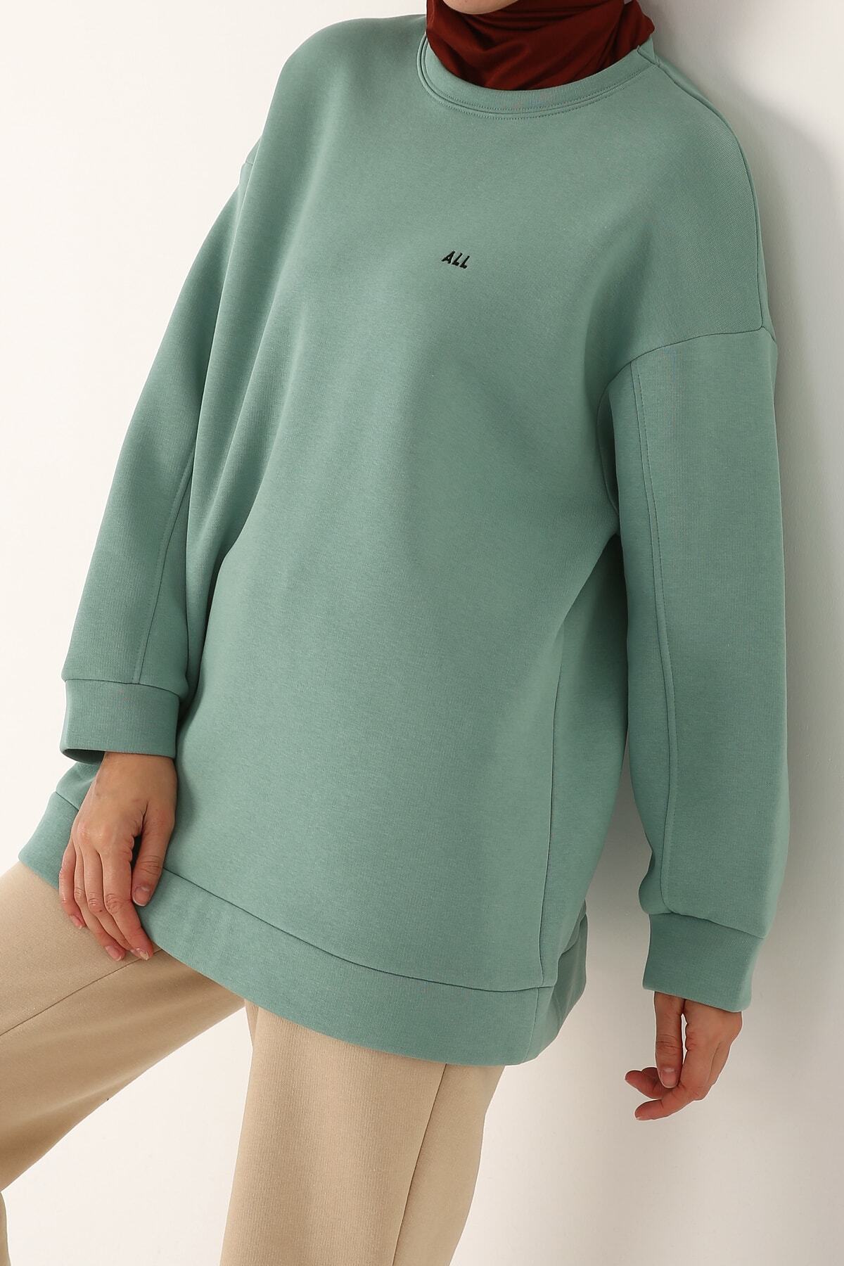 ALLDAY Açık Yeşil Şardonlu All Nakışlı Pamuklu Oversize Sweatshirt