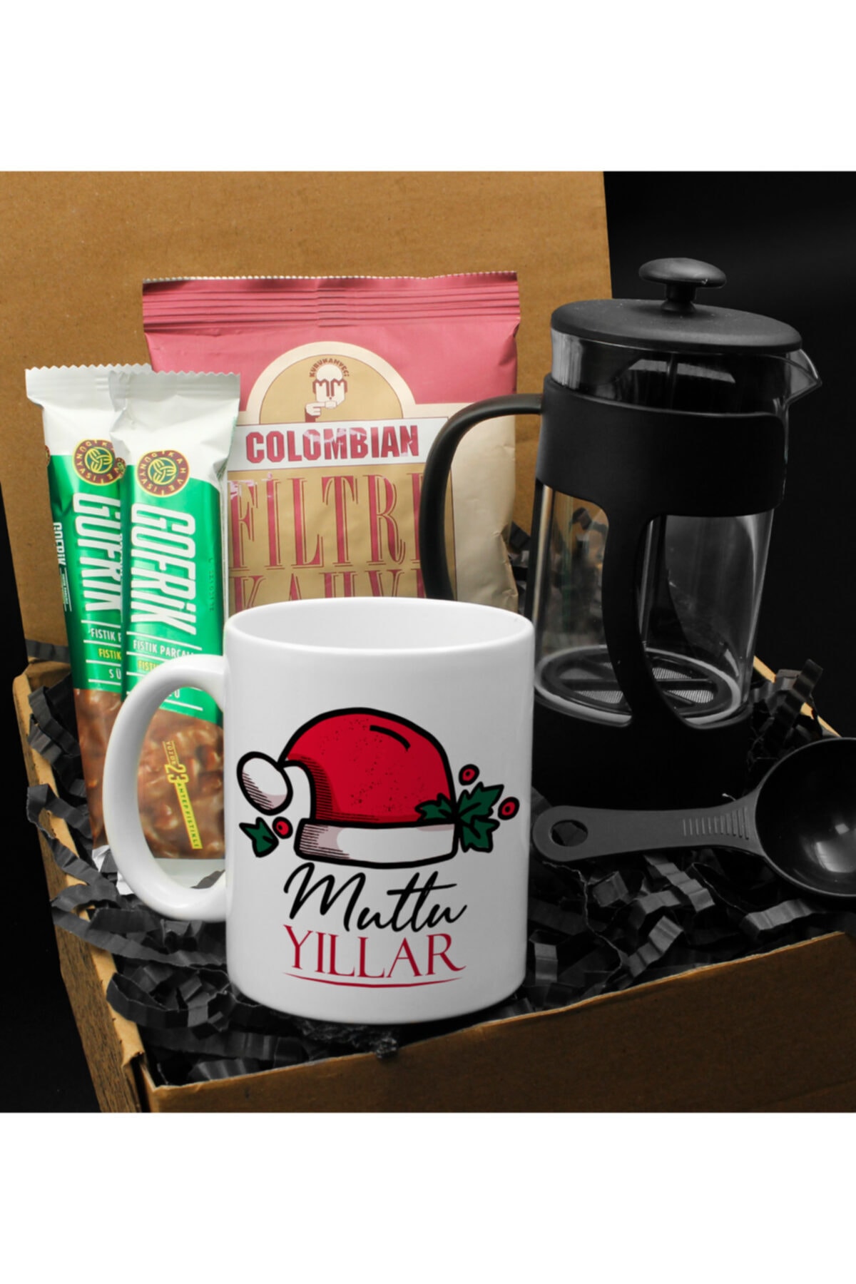 Apollon Gift Yılbaşına Özel Tasarım Kupa French Press Columbian Taze Filtre Kahve 2 Adet Gofret