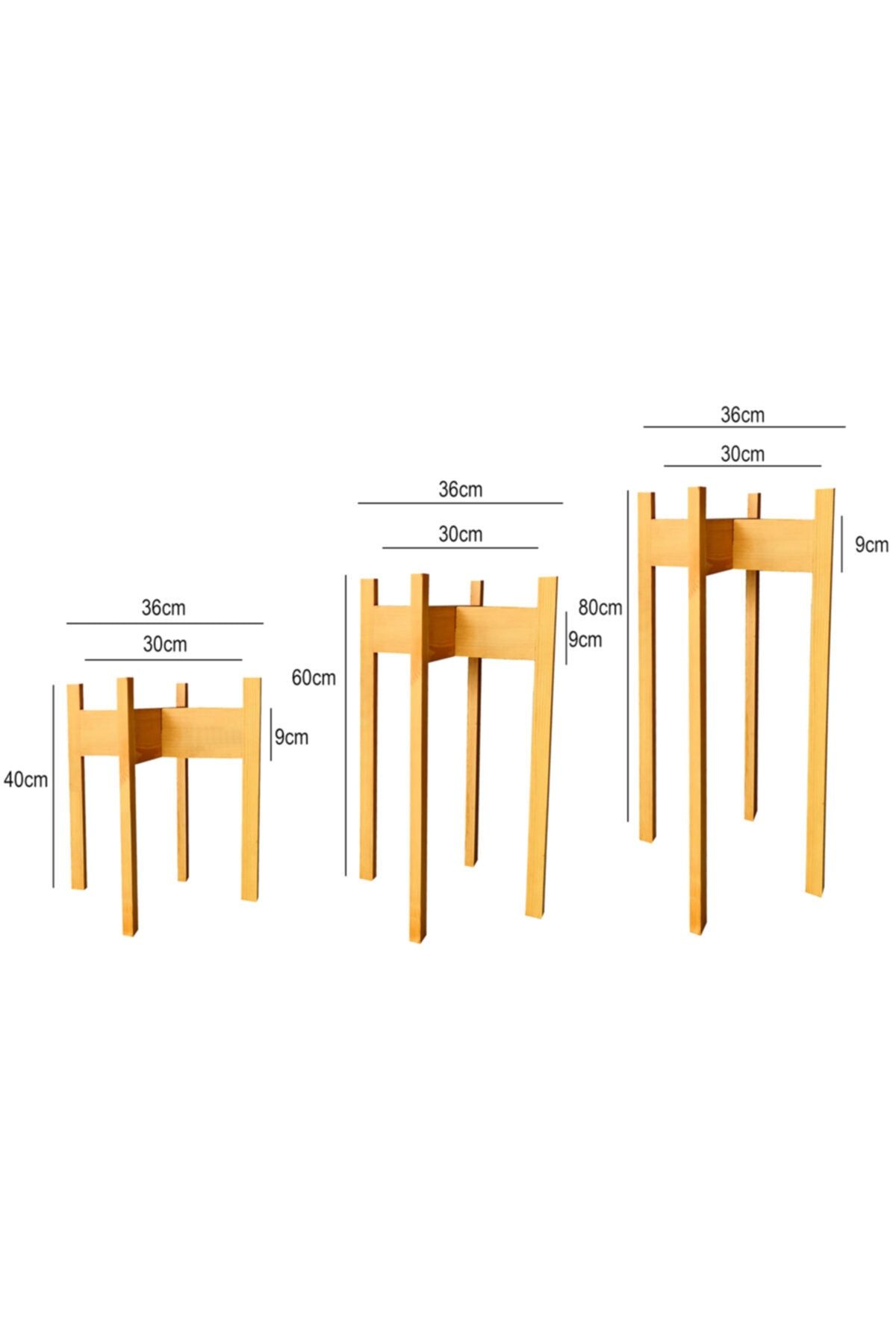 NESTWOOD Naturel Renk Gürgen Ağacı 3 Lü Set Masif Ahşap Çiçek Raf Saksısı Standı, Saksılık Sehpa