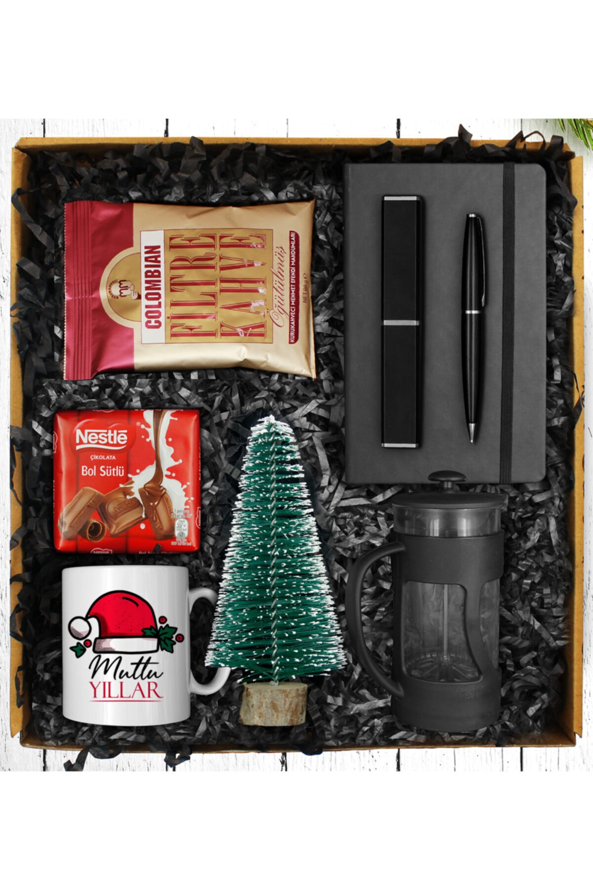 Apollon Gift Yılbaşına Özel Tasarım Kupa  Filtre Kahve  Çikolata  Çam Ağacı  Defter  Kalem  French Press