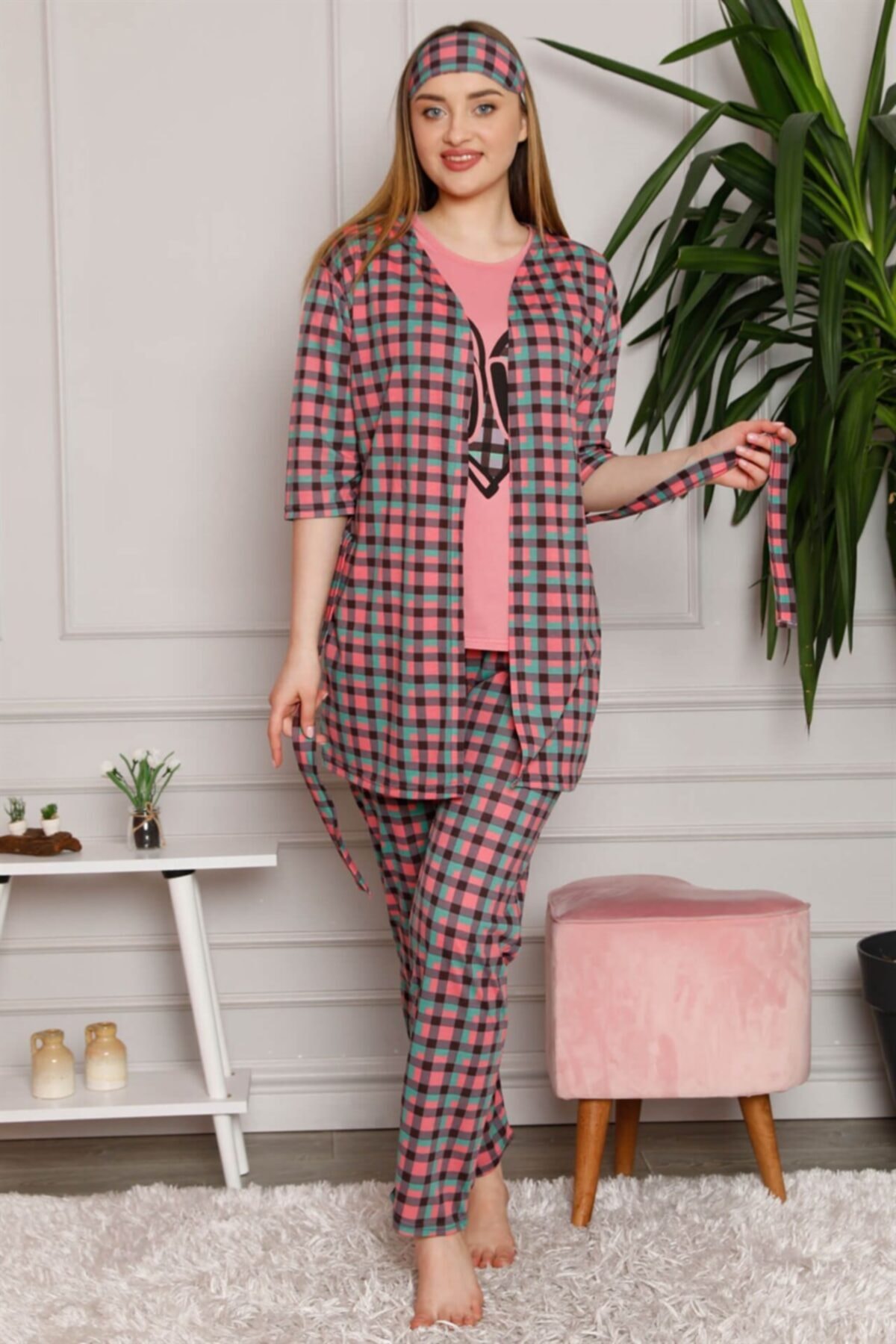 alfaze Kadın %100 Pamuk 3'lü Sabahlık Pijama Takım 1117 Somon-yeşil