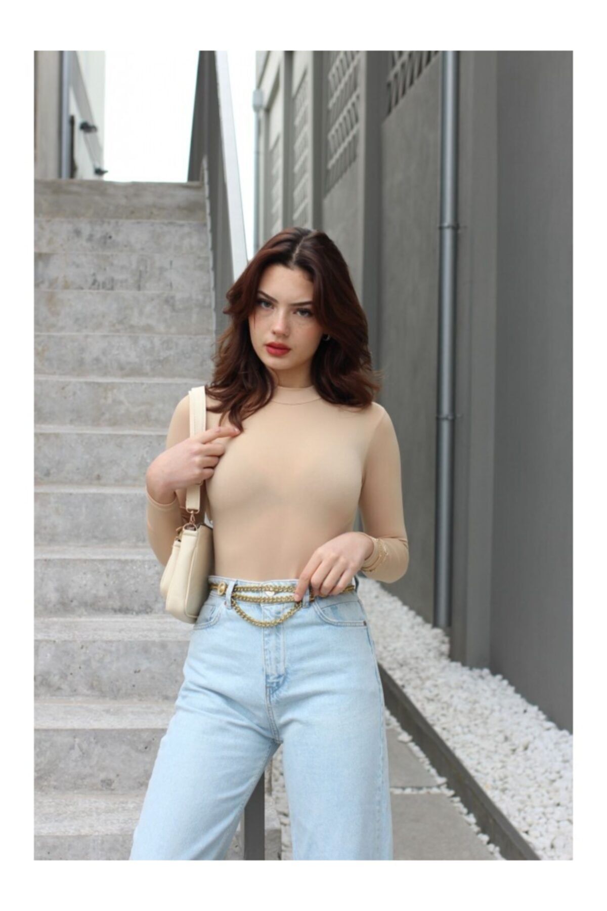 Look Kadıköy Kadın Dik Yaka Bodysuit Bej