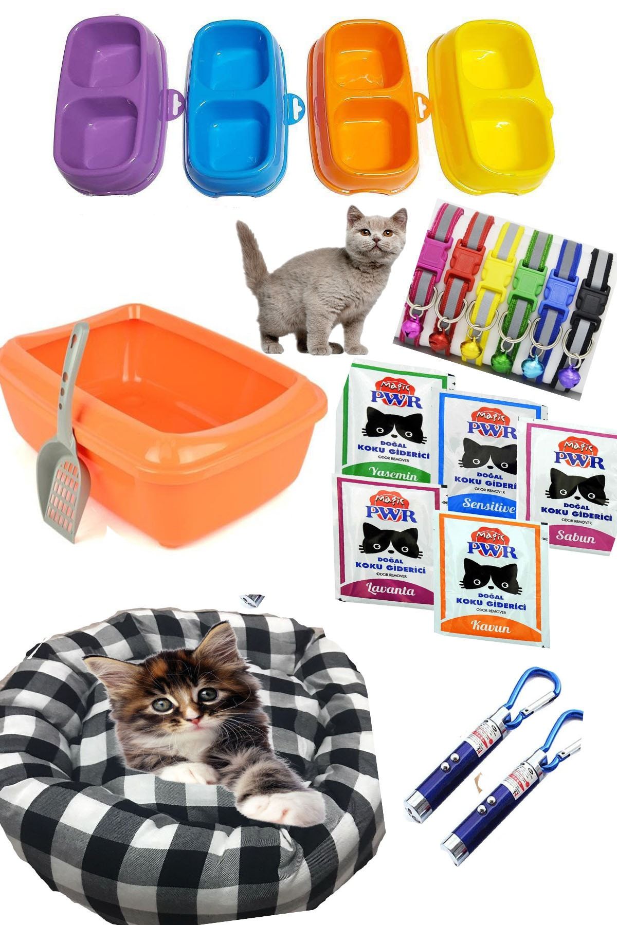 ATÖLYEMAVM Kedi Tam Set Yatak- Tuvalet -tasma- 2 Li Mama Kabı 7 Li Set