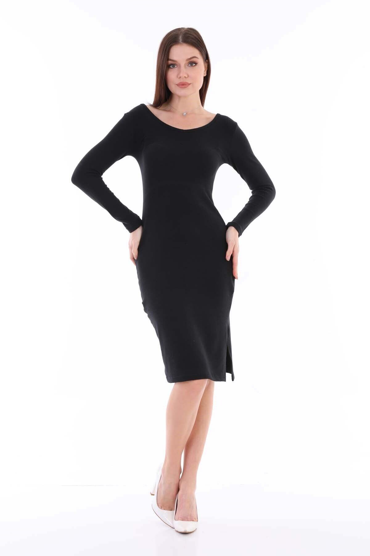 TEORA FASHION V Yaka Yırtmaç Detay Yumoş Mıdı Kalem Elbise