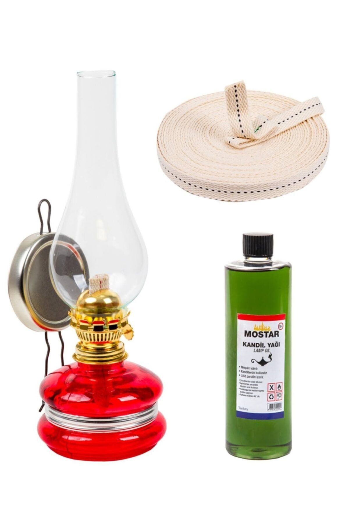 ŞEHRİMOSTARKIRK1 Klasik Gaz Lambası Kırmızı 400 ml Kandil Yakıtı 1 m Fitil Mostar 41 Gaz Lambası Seti