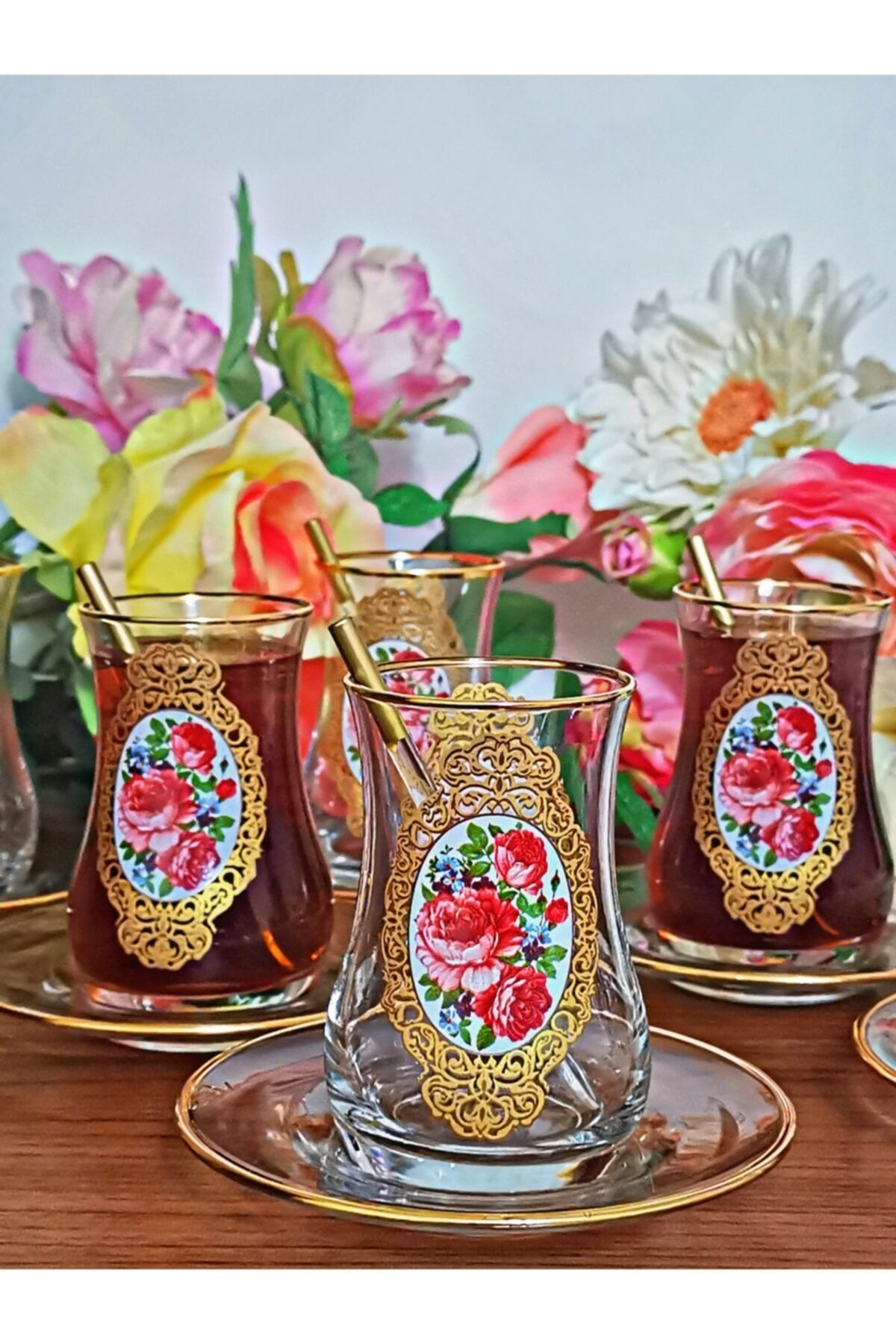 SAMSA Orjinal Altın Ve Gül Desenli 12 Li Çay Takımı
