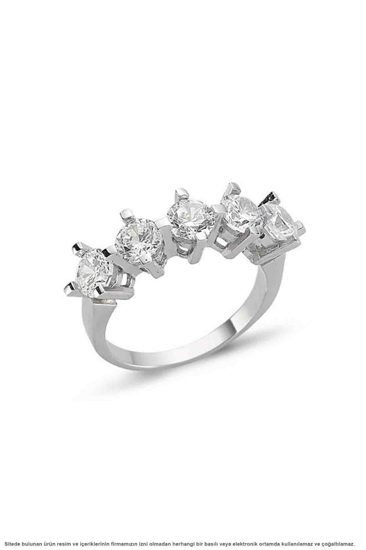 Çağrı Gümüş Kadın Gümüş Swarovski Beş Taşlı Çapraz Modeli Yüzük Pırlanta Modeli Beştaş Yüzük