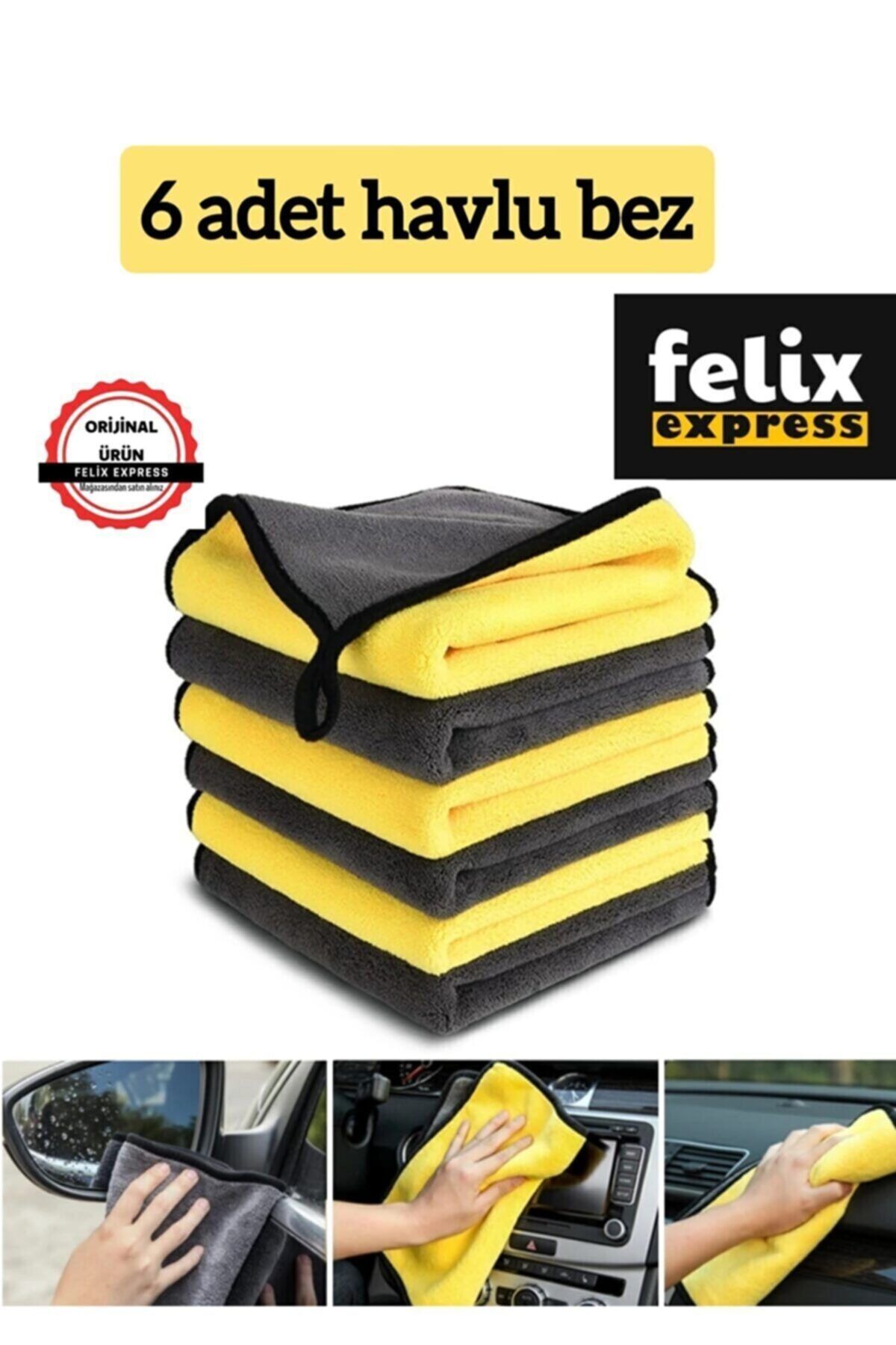 felix express 6 Adet Sarı Araba Yıkama Mikrofiber Havlu Araba Temizleme Kurutma Bezi Hemming Araç Bakım Bezi