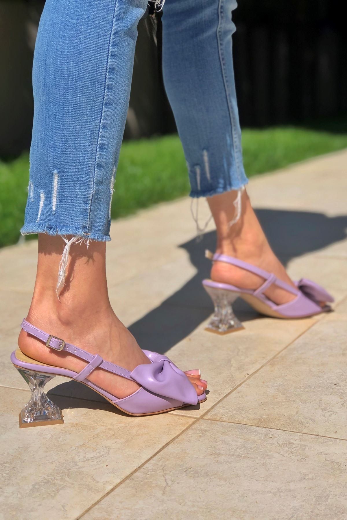 moda radikal Cloe Lila Cilt Papyonlu Şeffaf Kadın Topuklu Ayakkabı