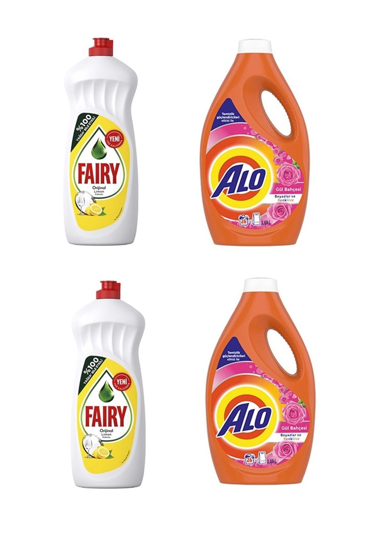 Fairy Sıvı Bulaşık Deterjanı Limon 650ml X2 +alo Sıvı Çamaşır Deterjanı Gül Bahçesi 26 Yıkama 1,69 Lt X2