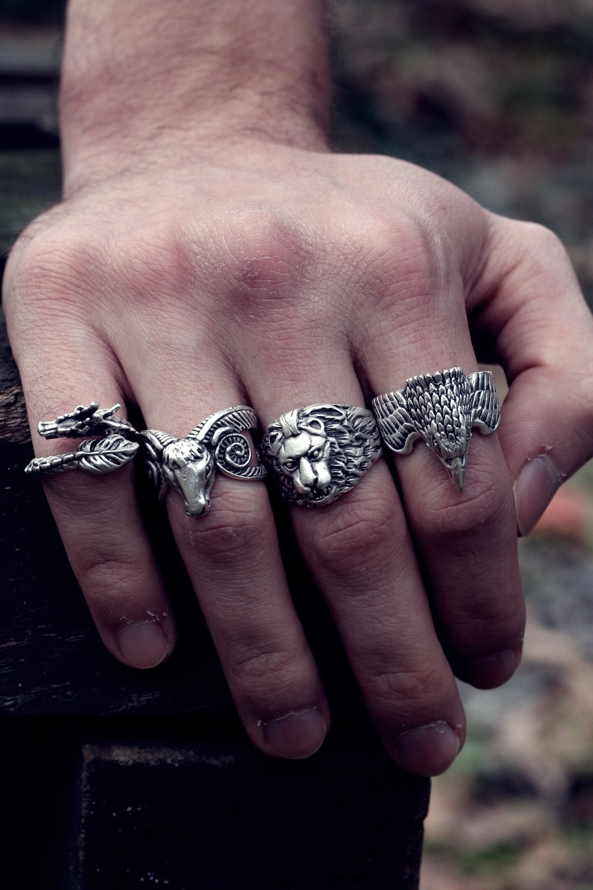 Dukkanka 4'lü Antik Gümüş Ejderha, Koç, Aslan Kartal Yüzük Seti