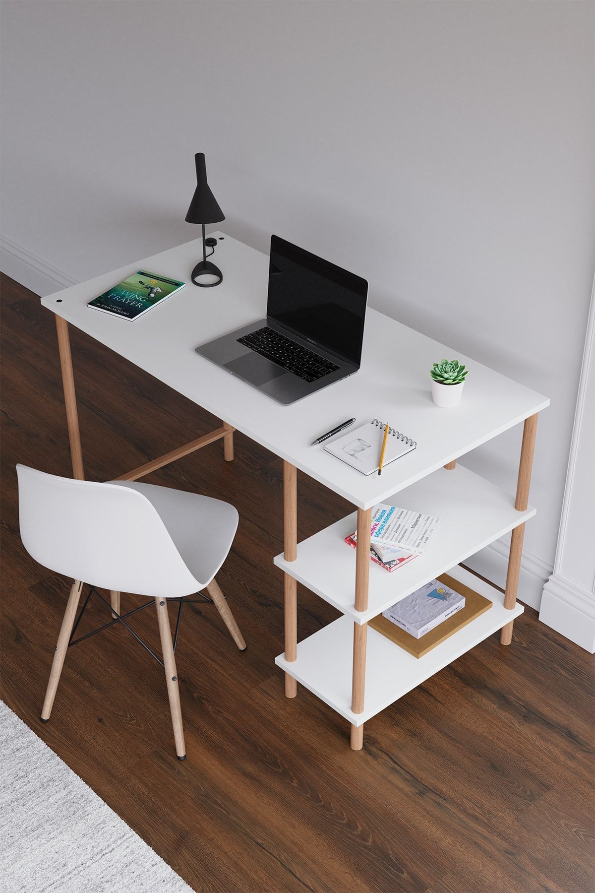 interGO Çalışma Masası Bilgisayar Masası Ofis Ders Yemek Masası 2 Raflı Ahşap Ayaklı Beyaz