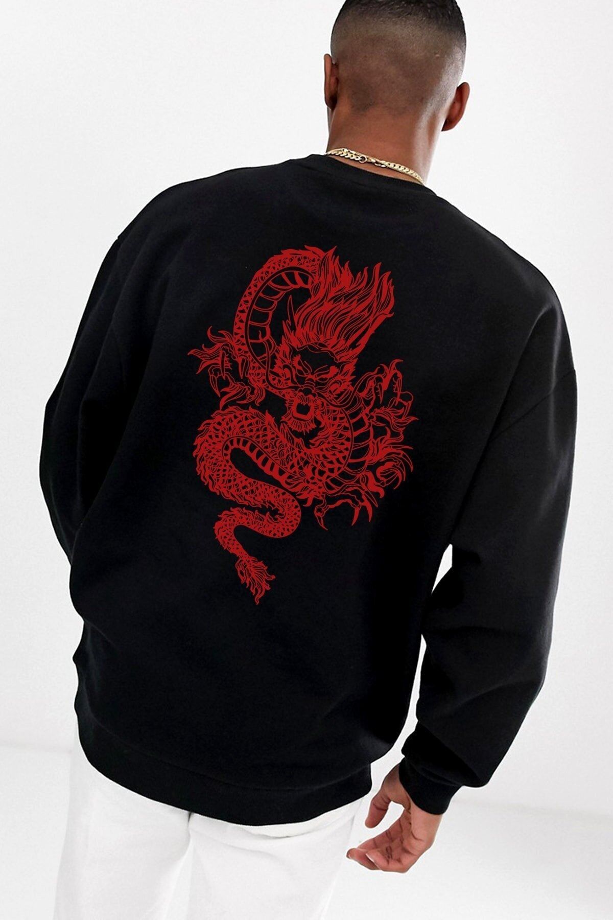 VELLOCE Oversize Arka-ön Dragon Baskılı Siyah Sweatshirt