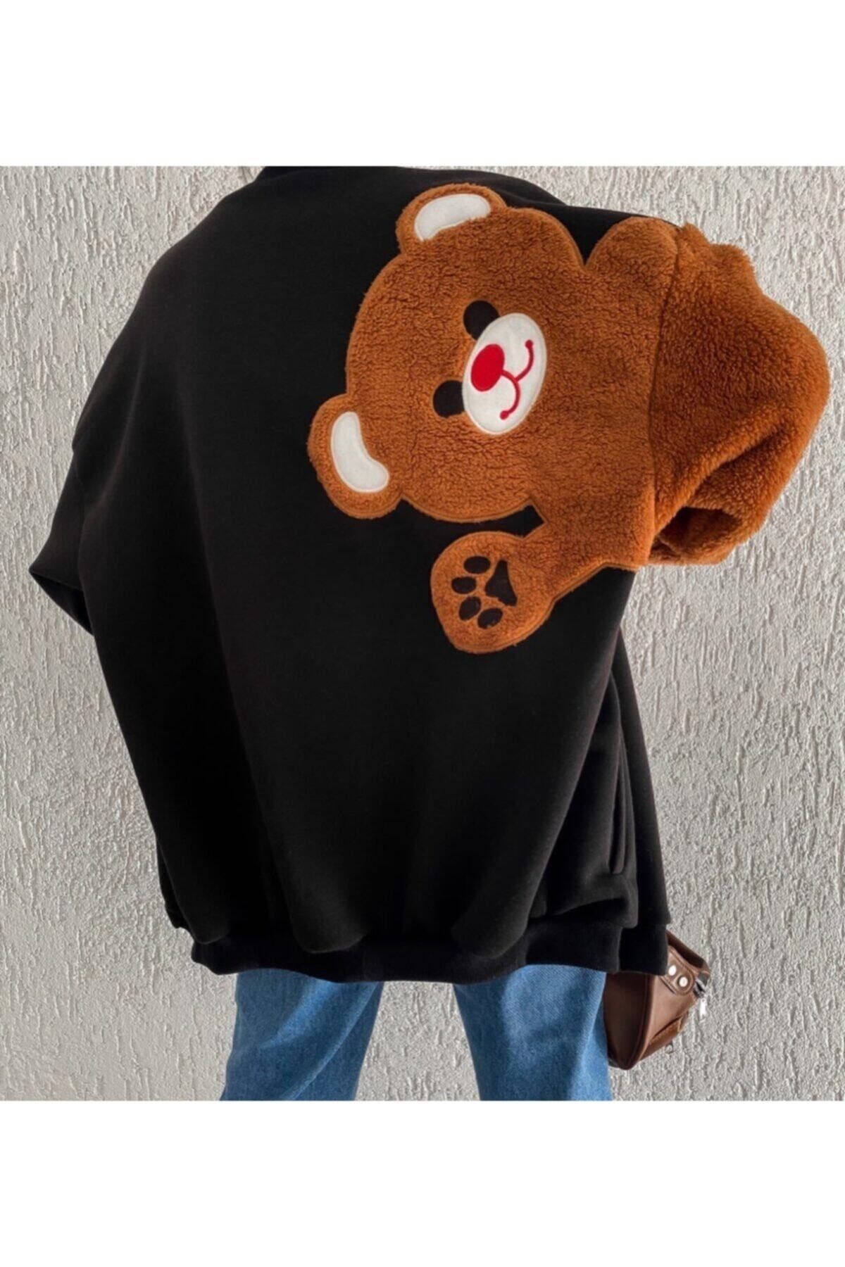 modarafya Siyah Teddy Peluş Detay Oversize Kolej Ceket