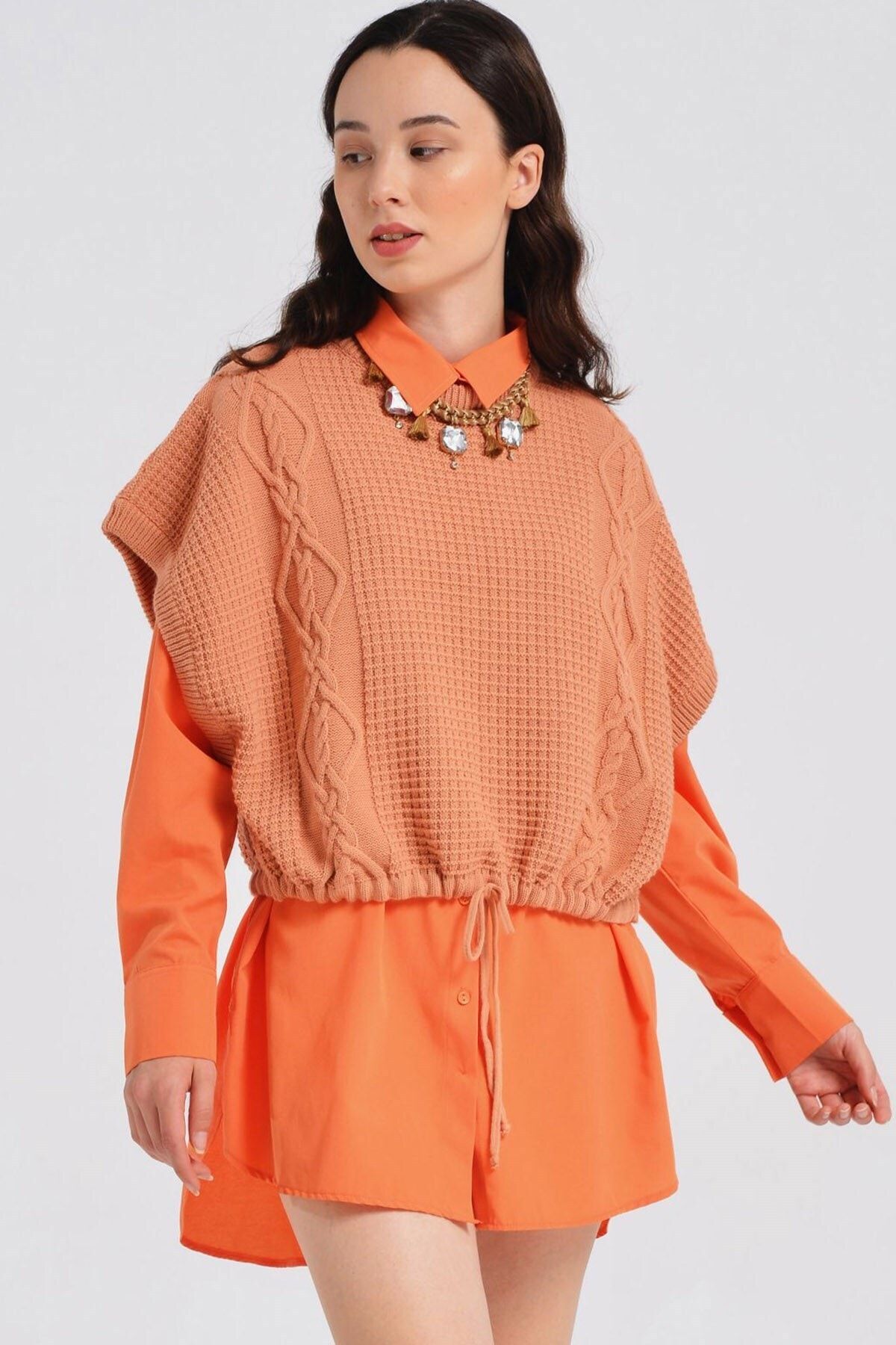 Nefise Crop Örgülü Süveter - Kayısı 7263