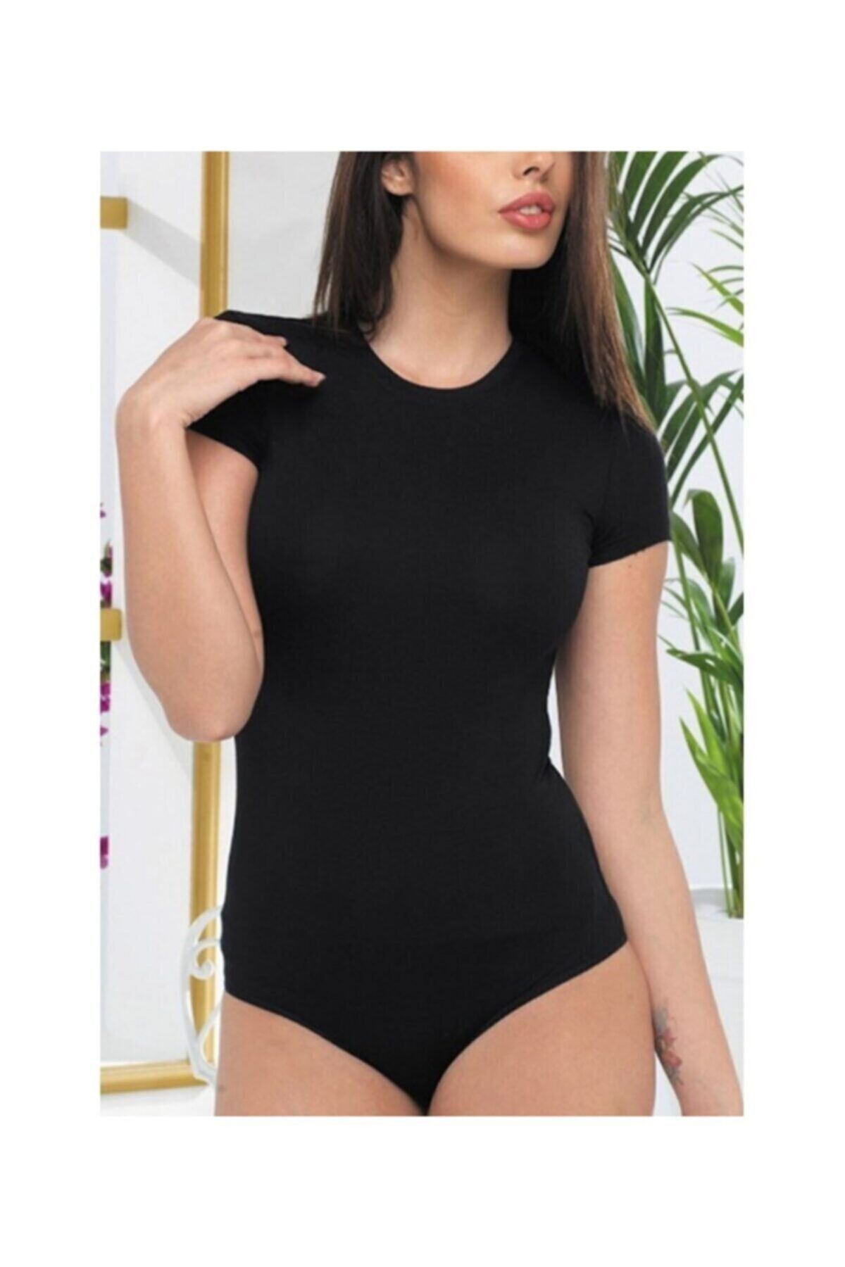 Dorya Kadın Kısa Kollu Kapalı Yaka Siyah Çıtçıtlı Body