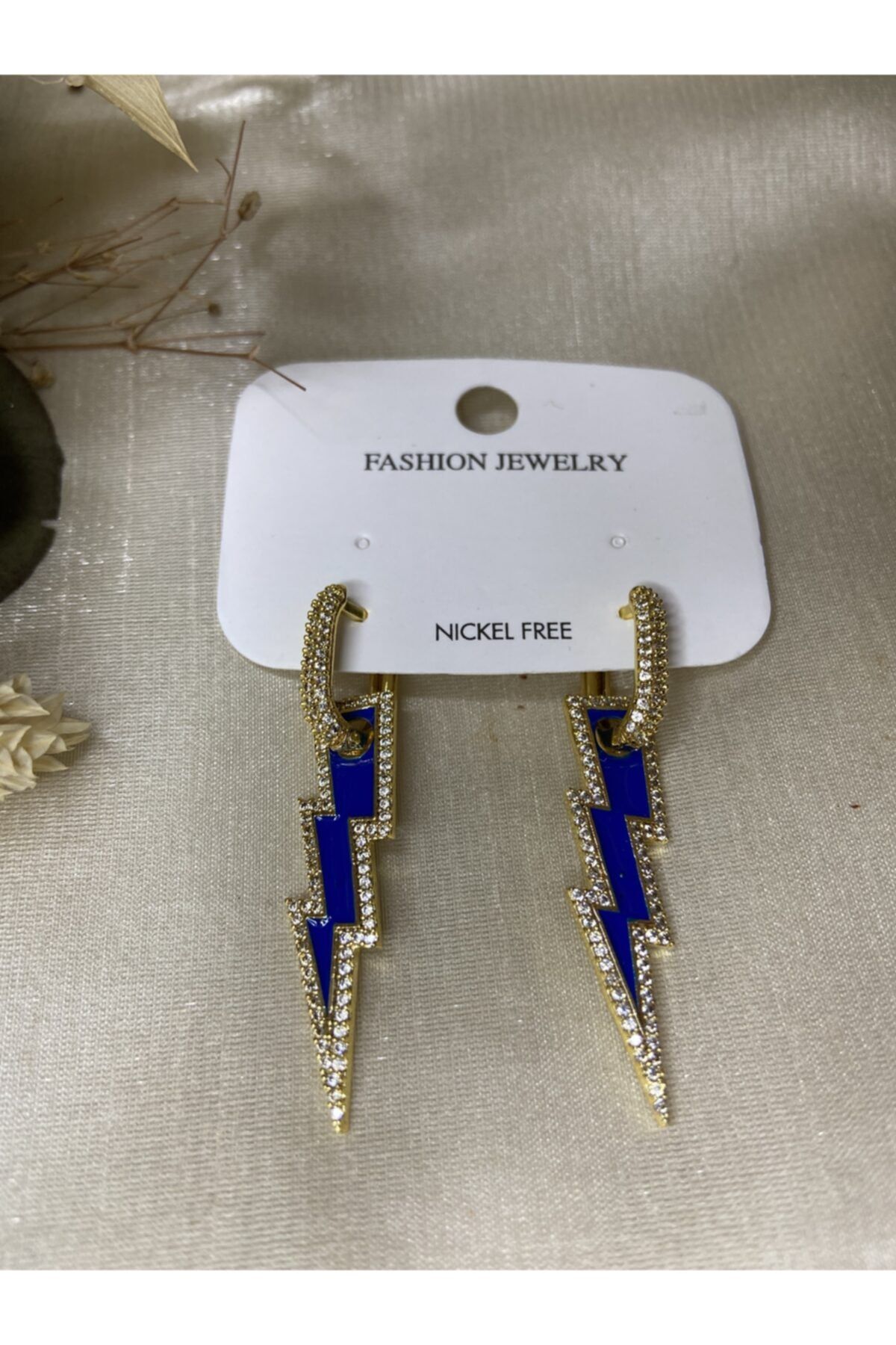 Fashion Jewellery Lacivert Altın Renkli Yanları Taşlı Şimşek Figürlü Bijuteri Küpe