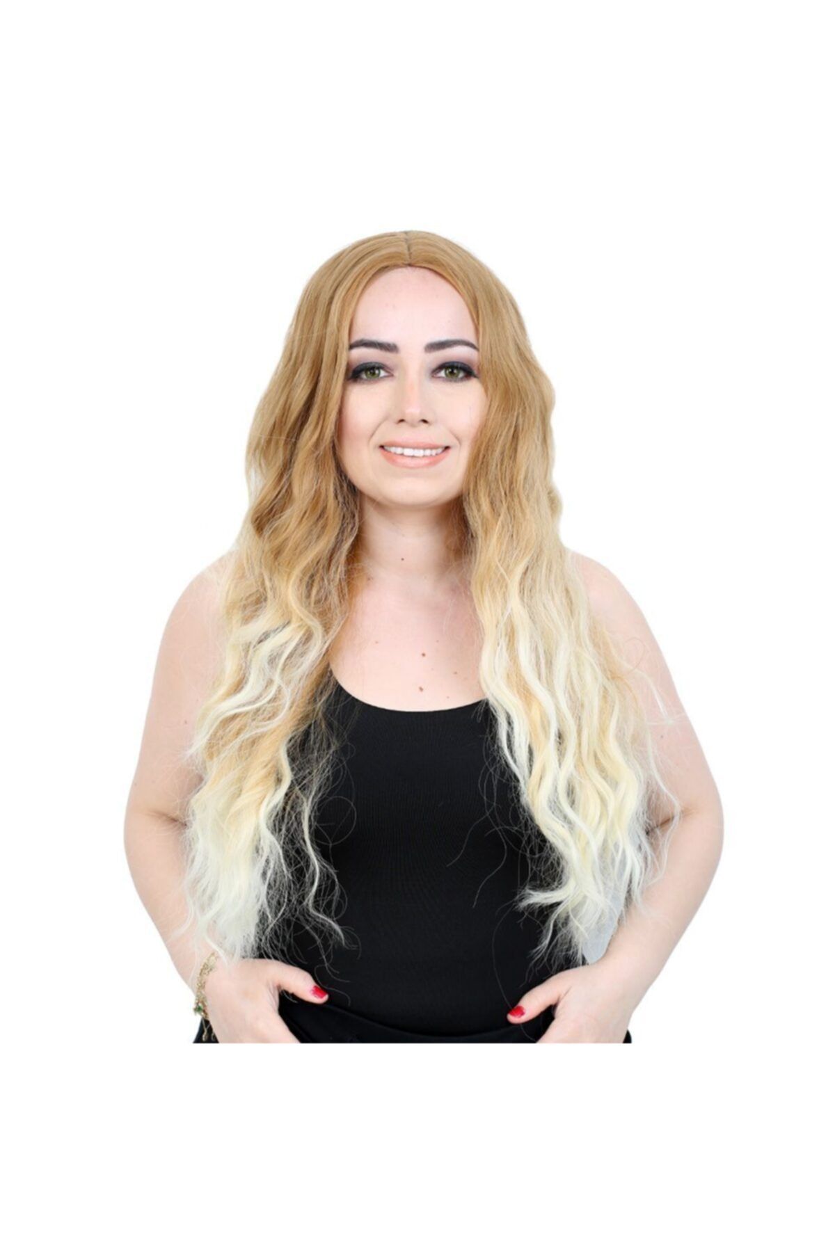 Marpessa Fiber Sentetik Uzun Su Dalgası Peruk - Balköpüğü / Platin Kısa Ombreli
