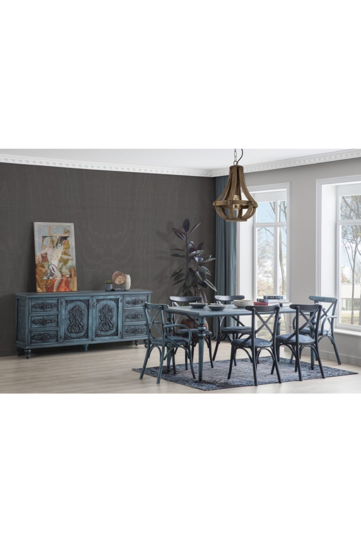 Bubuhome Alara Mavi Yemek Odası Takımı  Konsol + Masa + 6 Adet  Sandalye