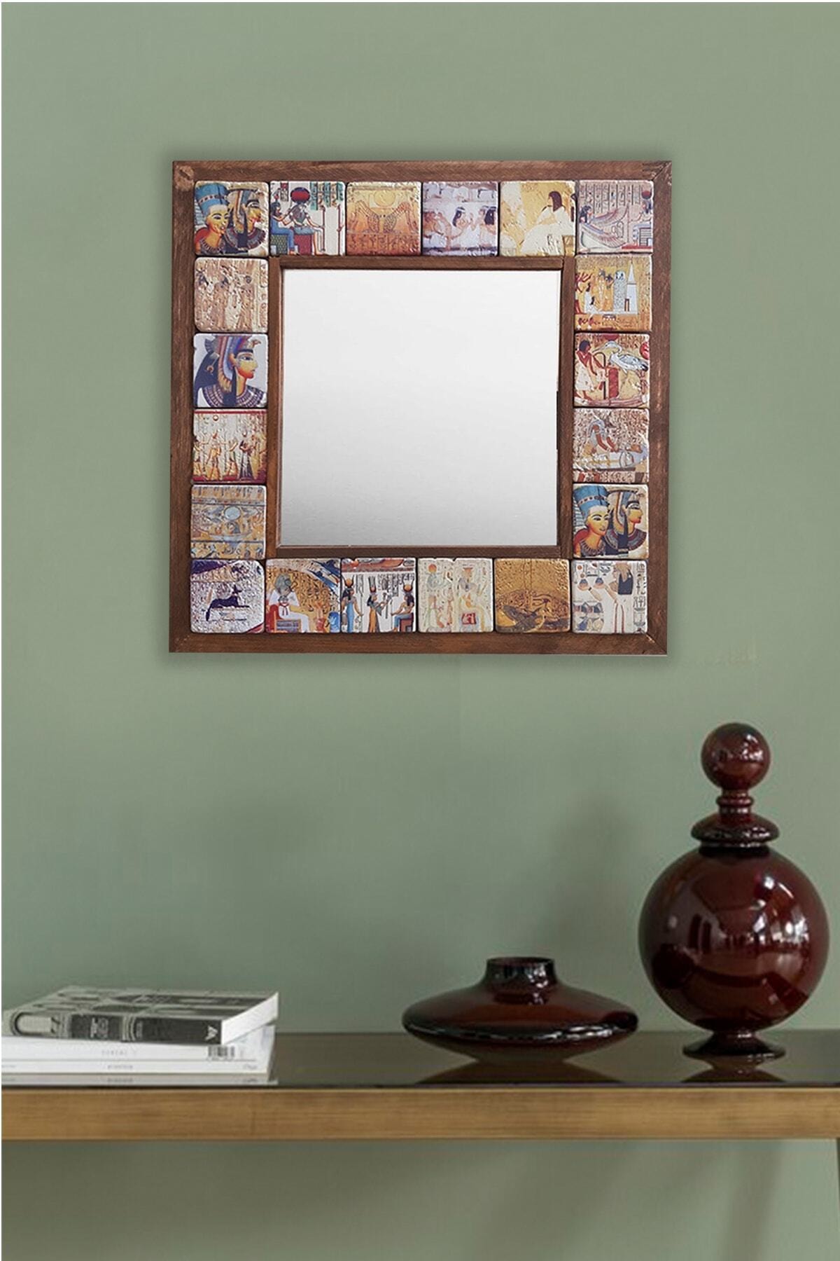 Pinecone Dekoratif Taş Ayna Ahşap Çerçeveli Duvar Dekoru Antik Mısır El Yapımı Hediyelik 33cm X 33cm Mirror