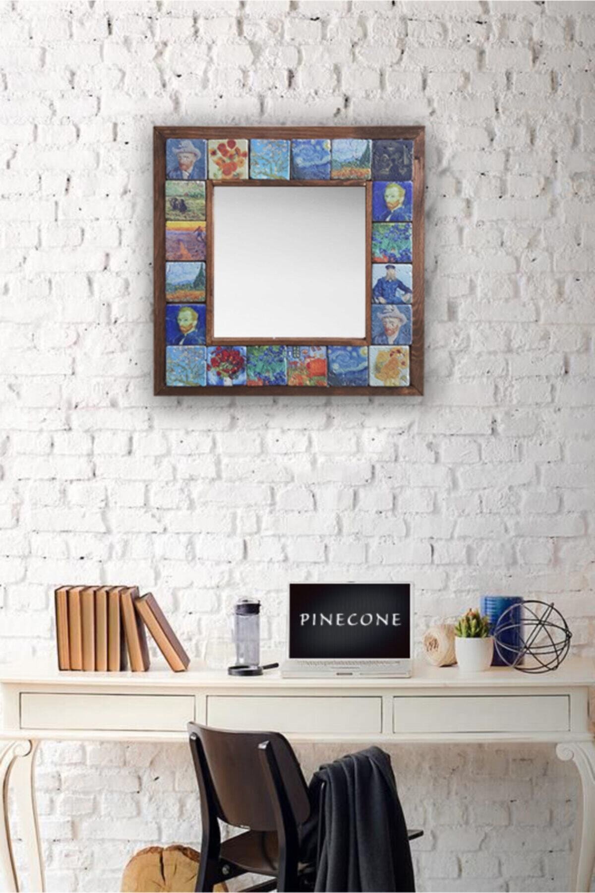 Pinecone Dekoratif Taş Ayna Ahşap Çerçeveli Duvar Dekoru Vincent Van Gogh Elyapımı Hediyelik 33cmx33cm Mirror