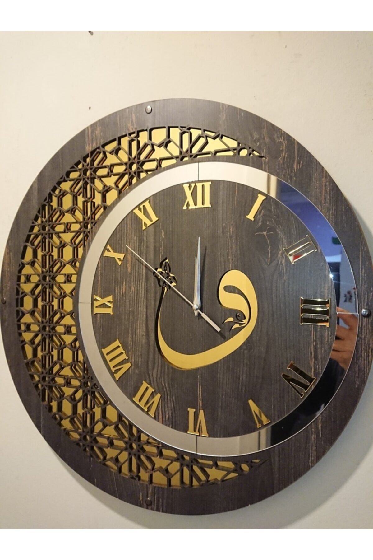 Pey Aksesuar Duvar Saati 50cm Ahşap ve Ayna Vav Motifli Rebab