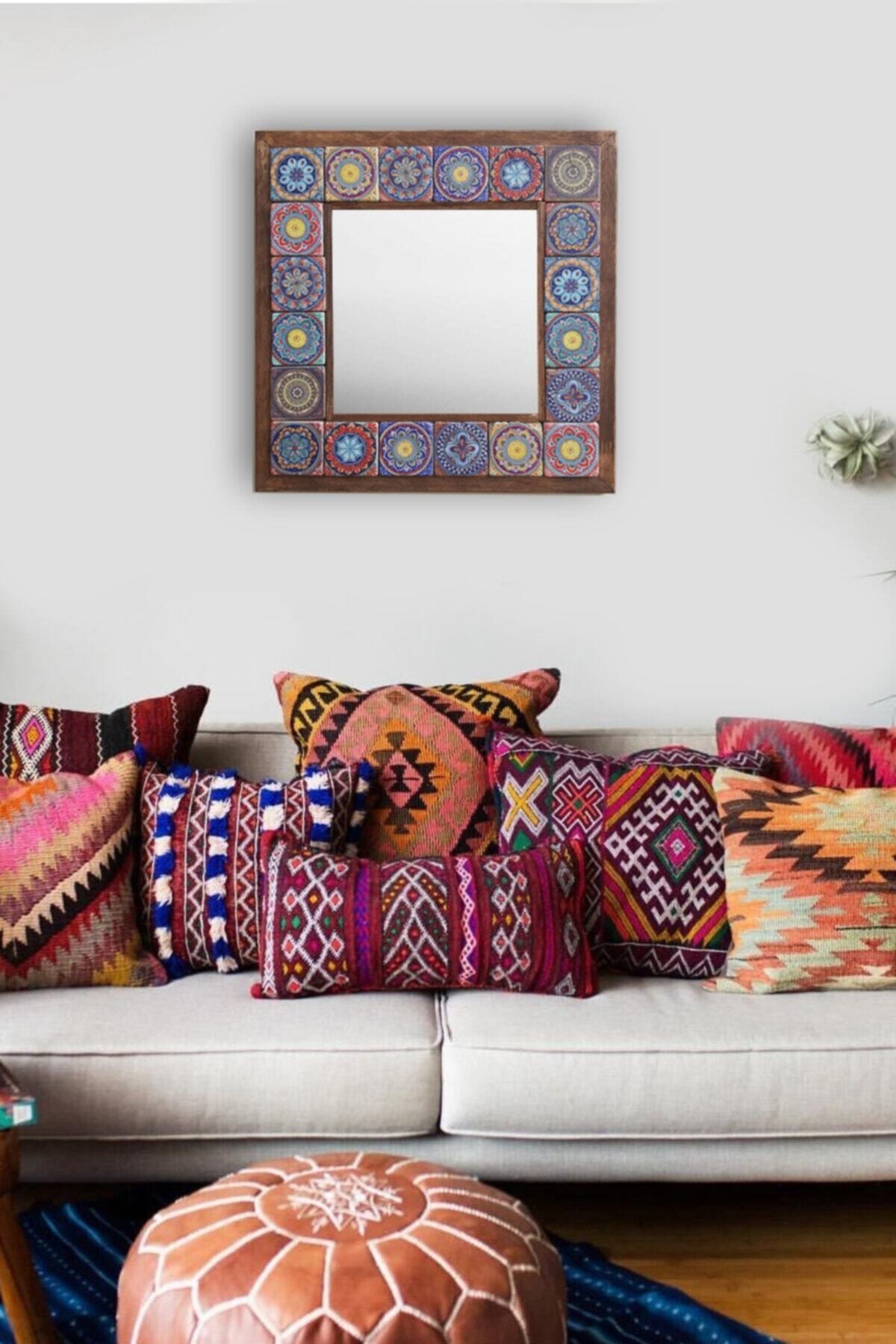 Pinecone Dekoratif Taş Ayna Ahşap Çerçeveli Duvar Dekoru El Yapımı Hediyelik 33cm X 33cm Wooden Framed Mirror