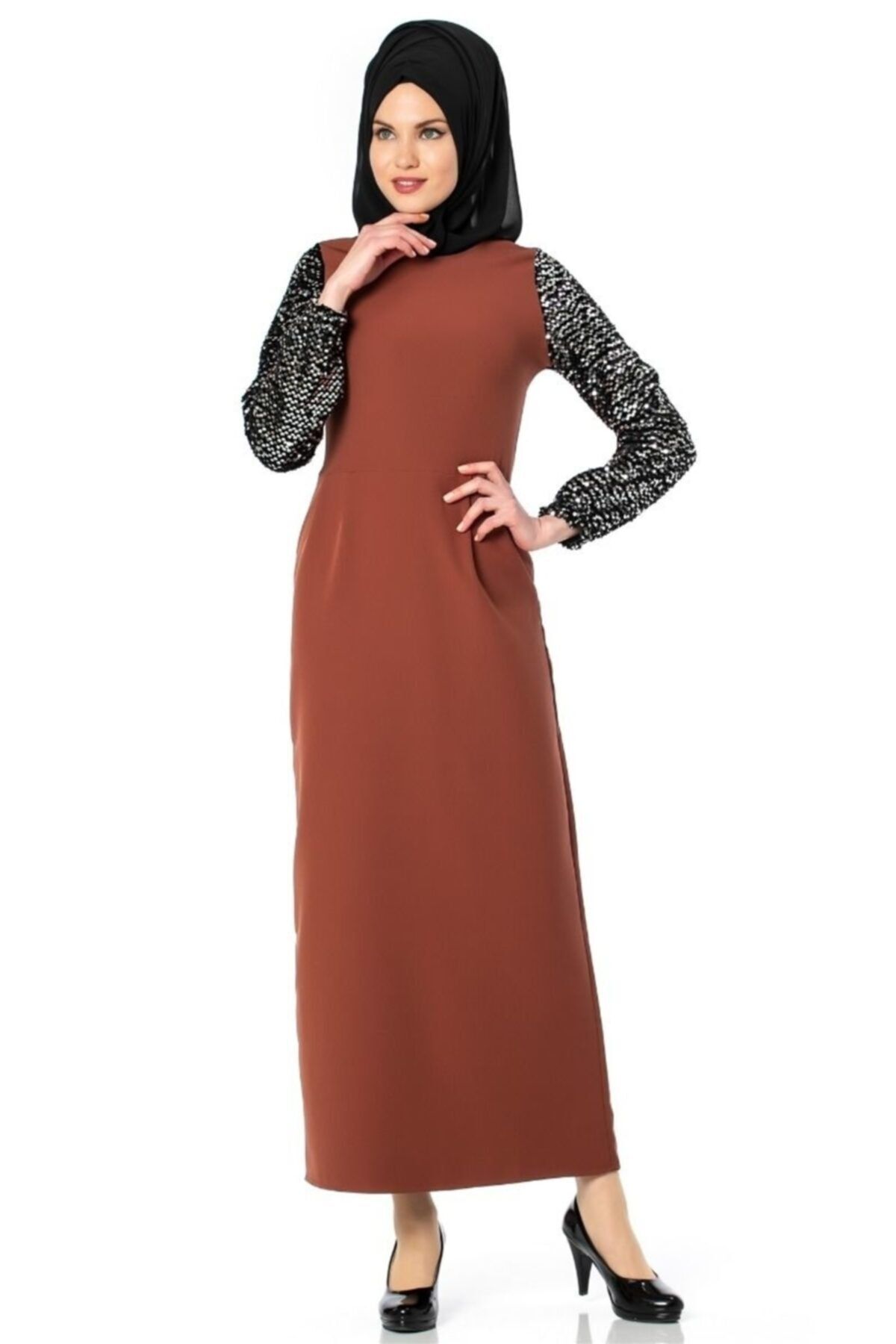 ShopYeri Kolları Lastikli Pul Payetli Abiye Elbise Kahverengi