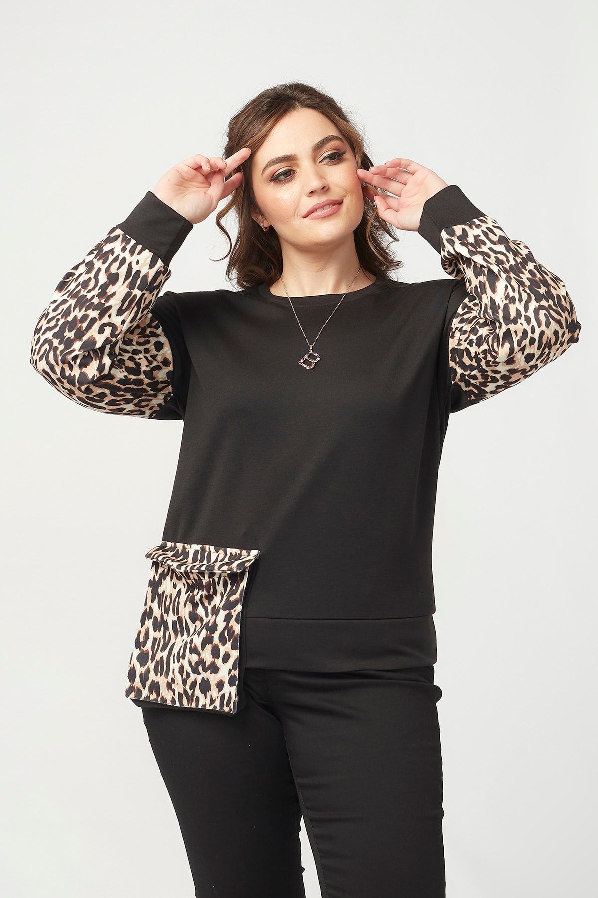 Moda Alba Siyah-leopar Desenli Kanguru Cep Tarz Büyük Beden Sweatshirt