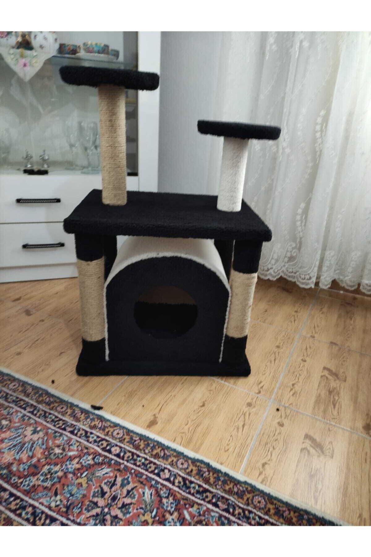 Can's Cat Siyah Peluş Kaplı Kedi Evi Ve Tırmalama