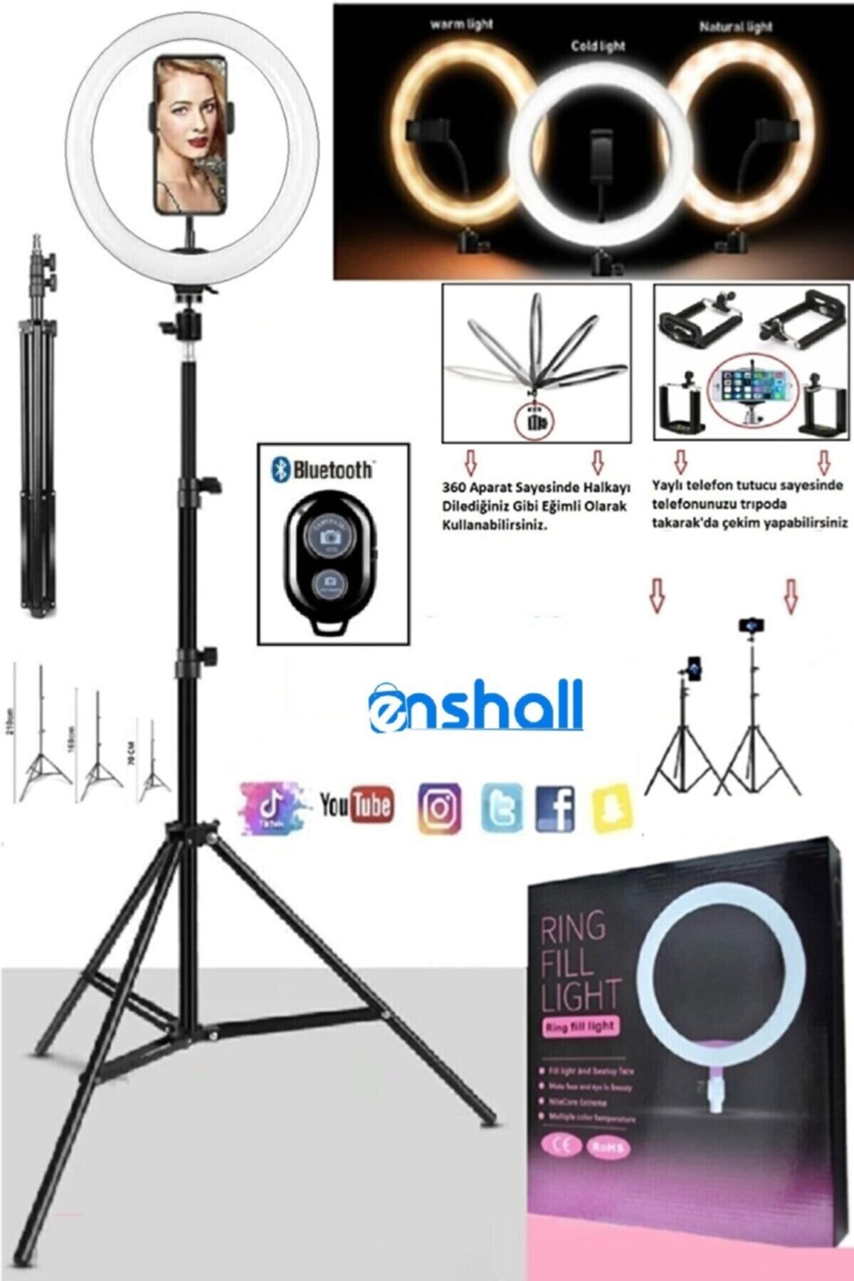 Enshall Ring Light Bt Kumandalı Adaptörlü Youtuber Tiktok Çekim Tripod Makyaj Işığı 10 Inç 2.1 Mt Tripod