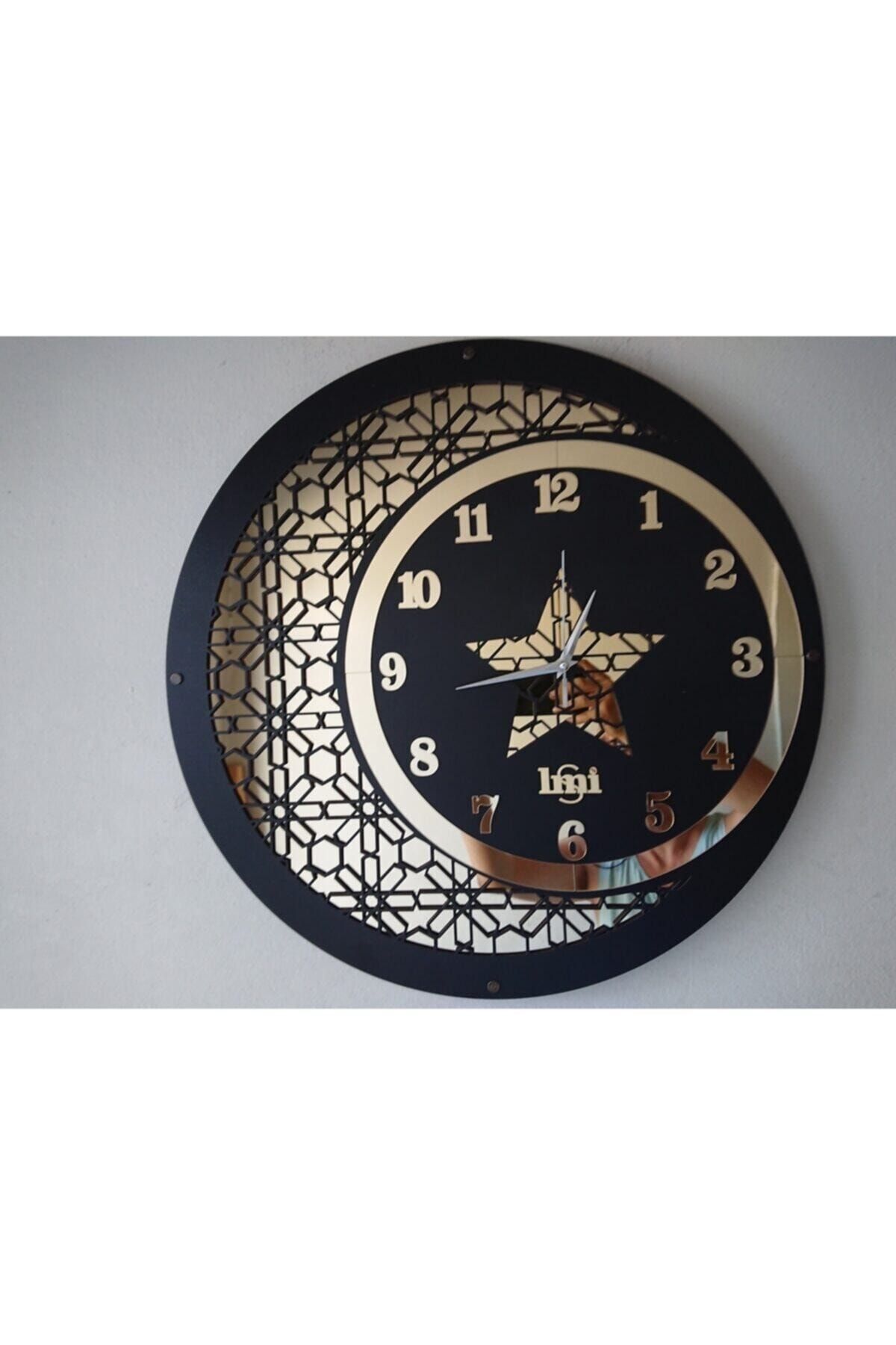 Pey Aksesuar Duvar Saati Ahşap Ve Ayna Ay Yıldız Motifli 50 cm