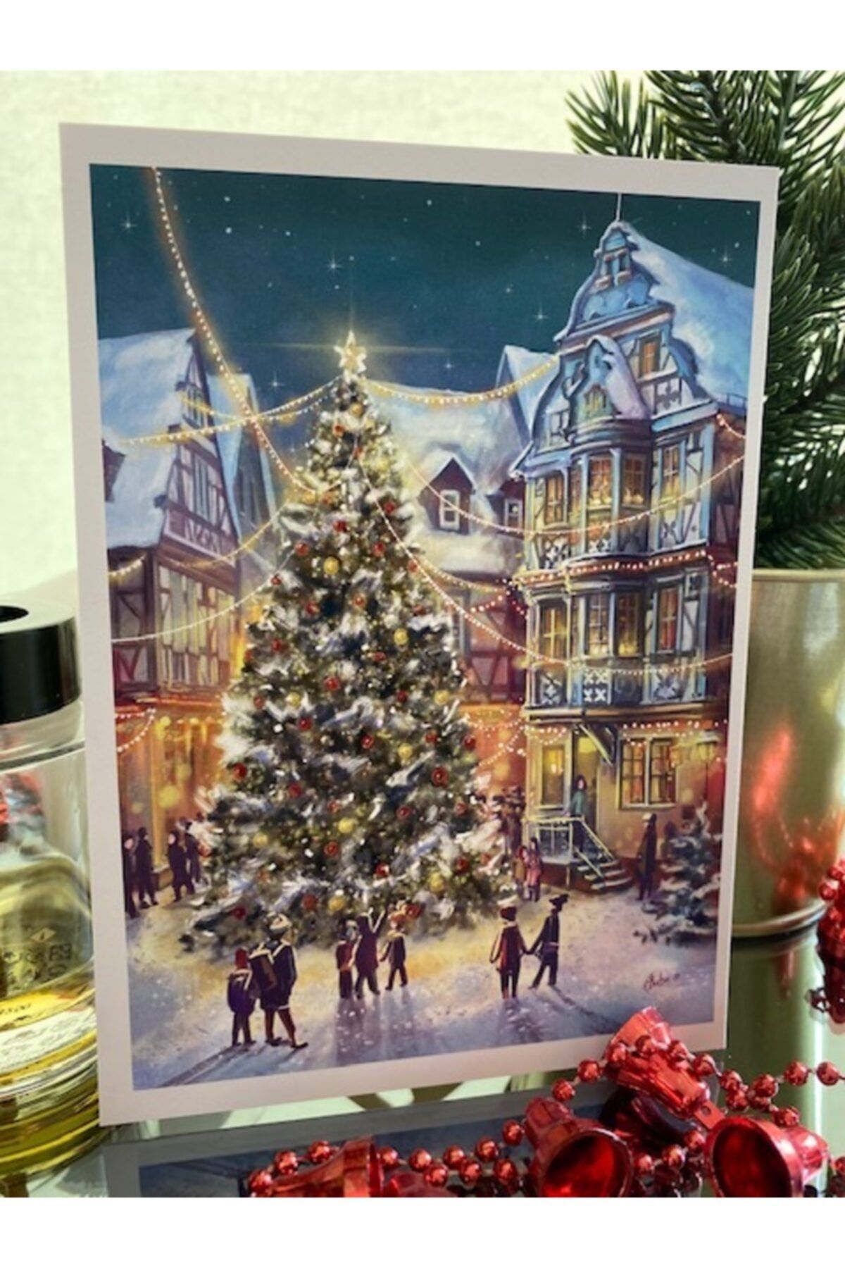 Etiket Annesi Simli Kartpostal Noel Manzaralı Evler