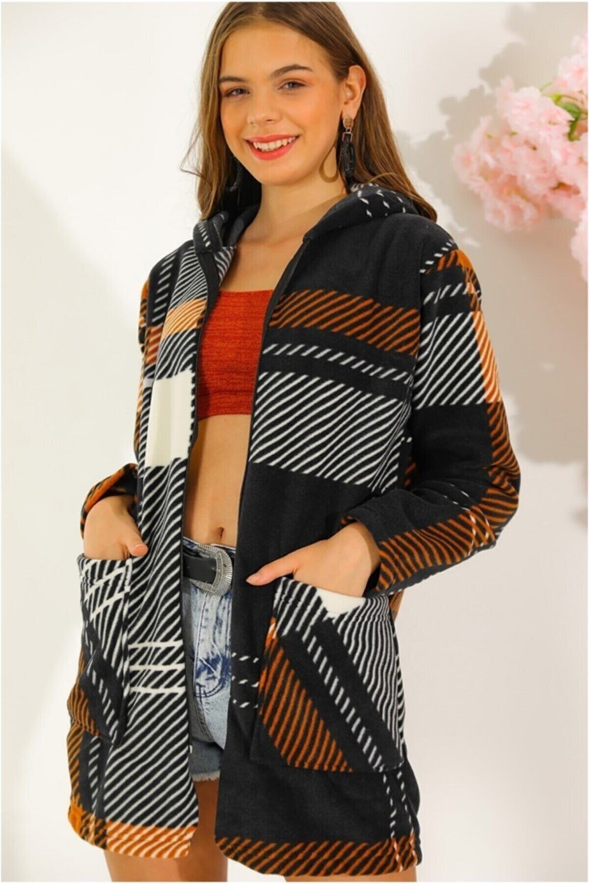 Cotton Mood 21505142 Polar Des.önü Fermuarl Cepli Kapşon Uz.ceket Hırka Kahve-sıyah Ekose
