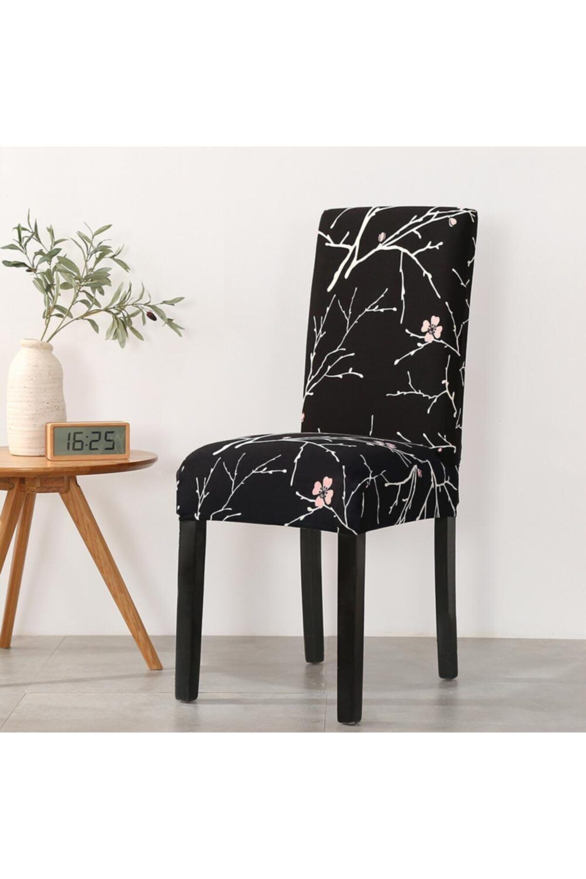 sabirehome Pembe Çiçek Desen Sandalye Kılıfı Desenli 1 Adet ,likralı, Lastikli Kadife Kumaş