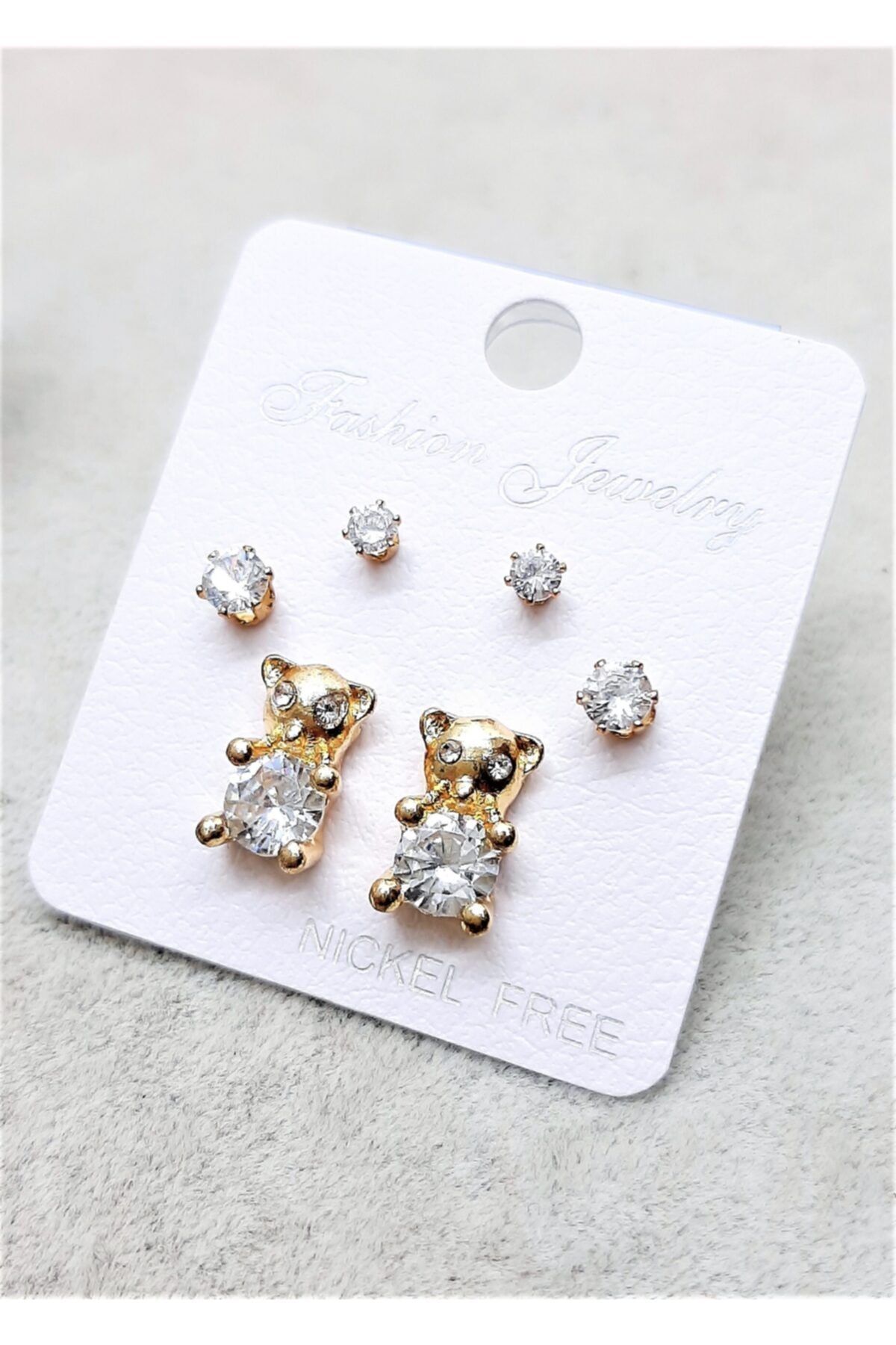 TÜKKAN ACCESSORİES Gold Kaplama Zirkon Taş Teddy Ayıcık Vip Seri 3 Çift Küpe