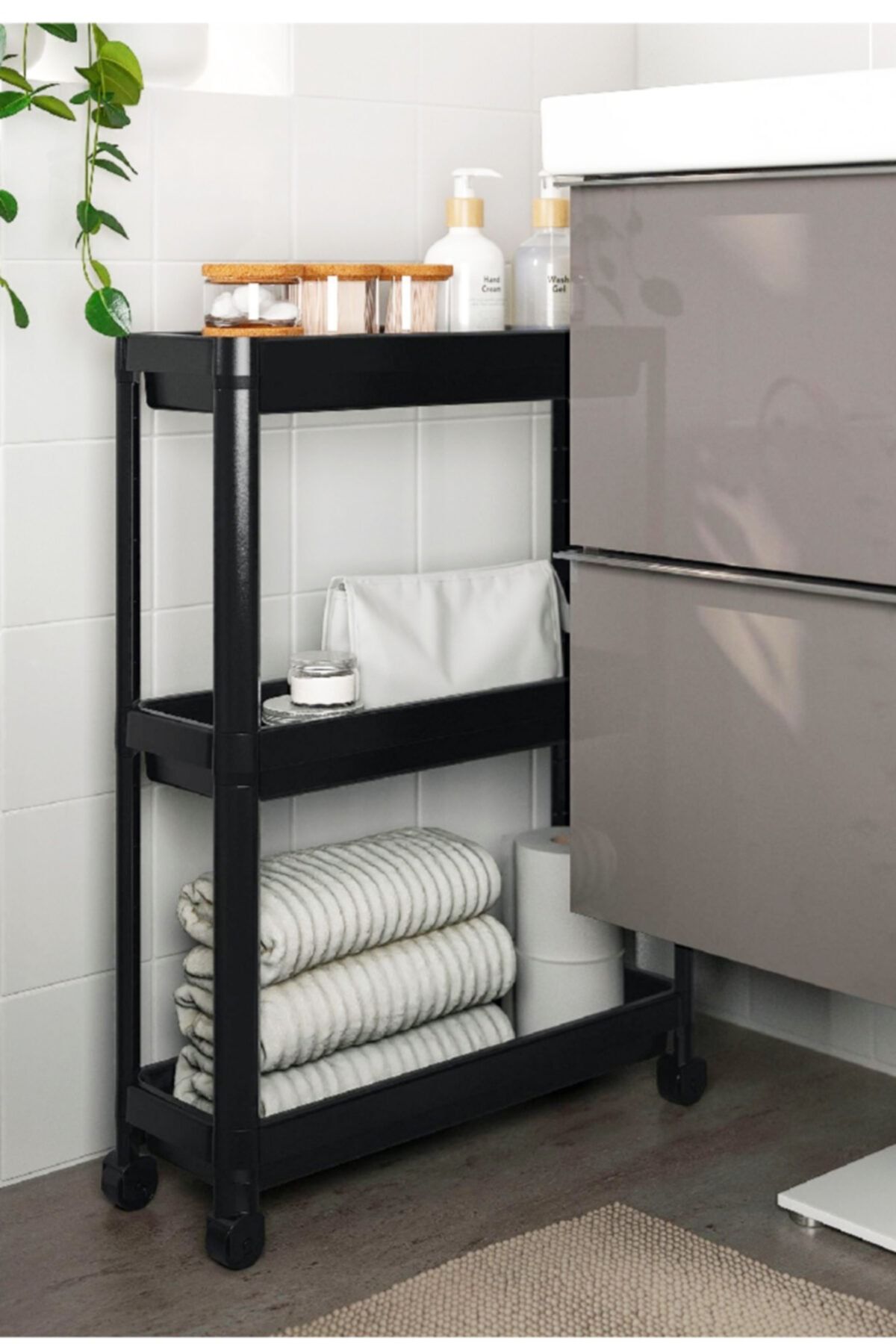 DNZTREND Vesken Tekerlekli Raf Ünitesi 3 Katlı Siyah Banyo Rafı Mutfak Rafı Servis Sehpası Organizer