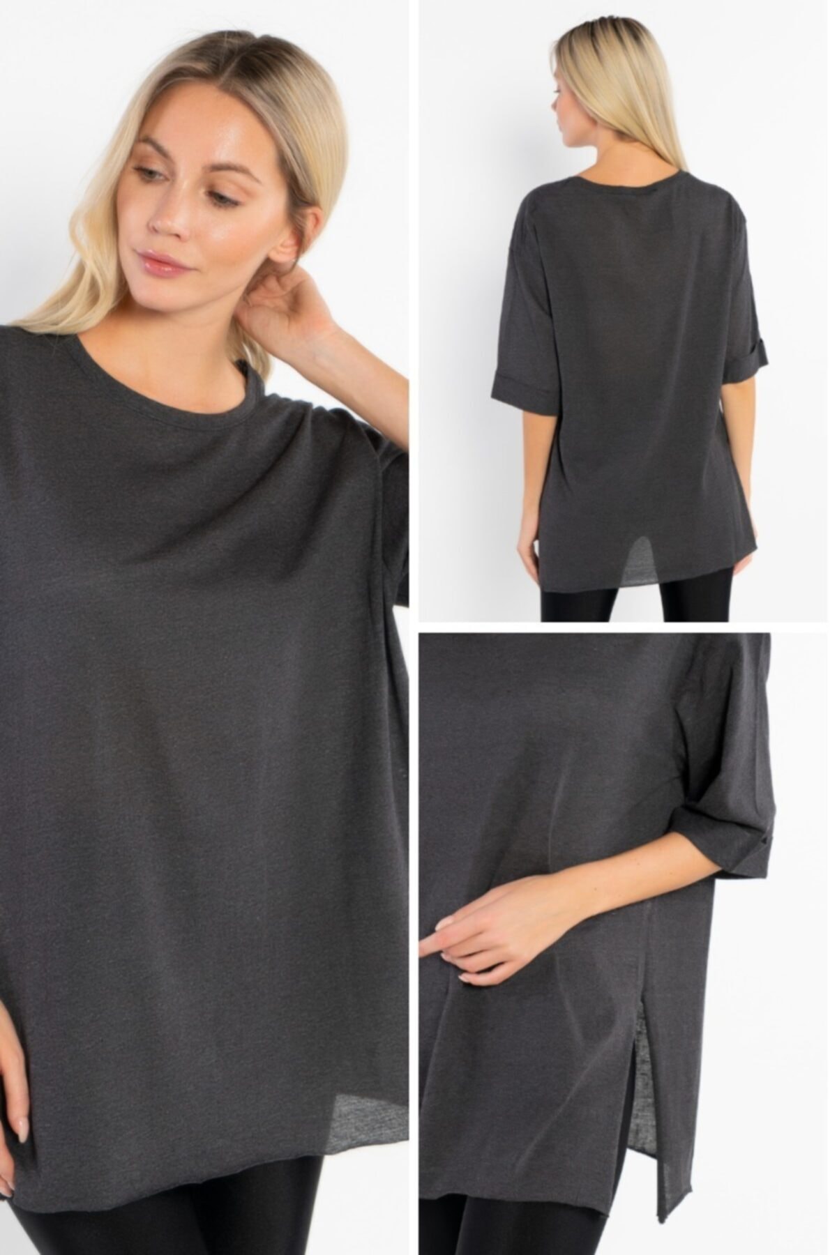 MODASSA Kadın Antrasit Bisiklet Yaka Yırtmaçlı Oversize T-shirt