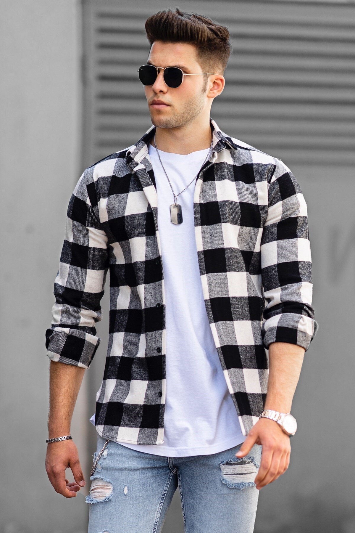 Madmext Erkek Ekoseli Beyaz Gömlek 4664