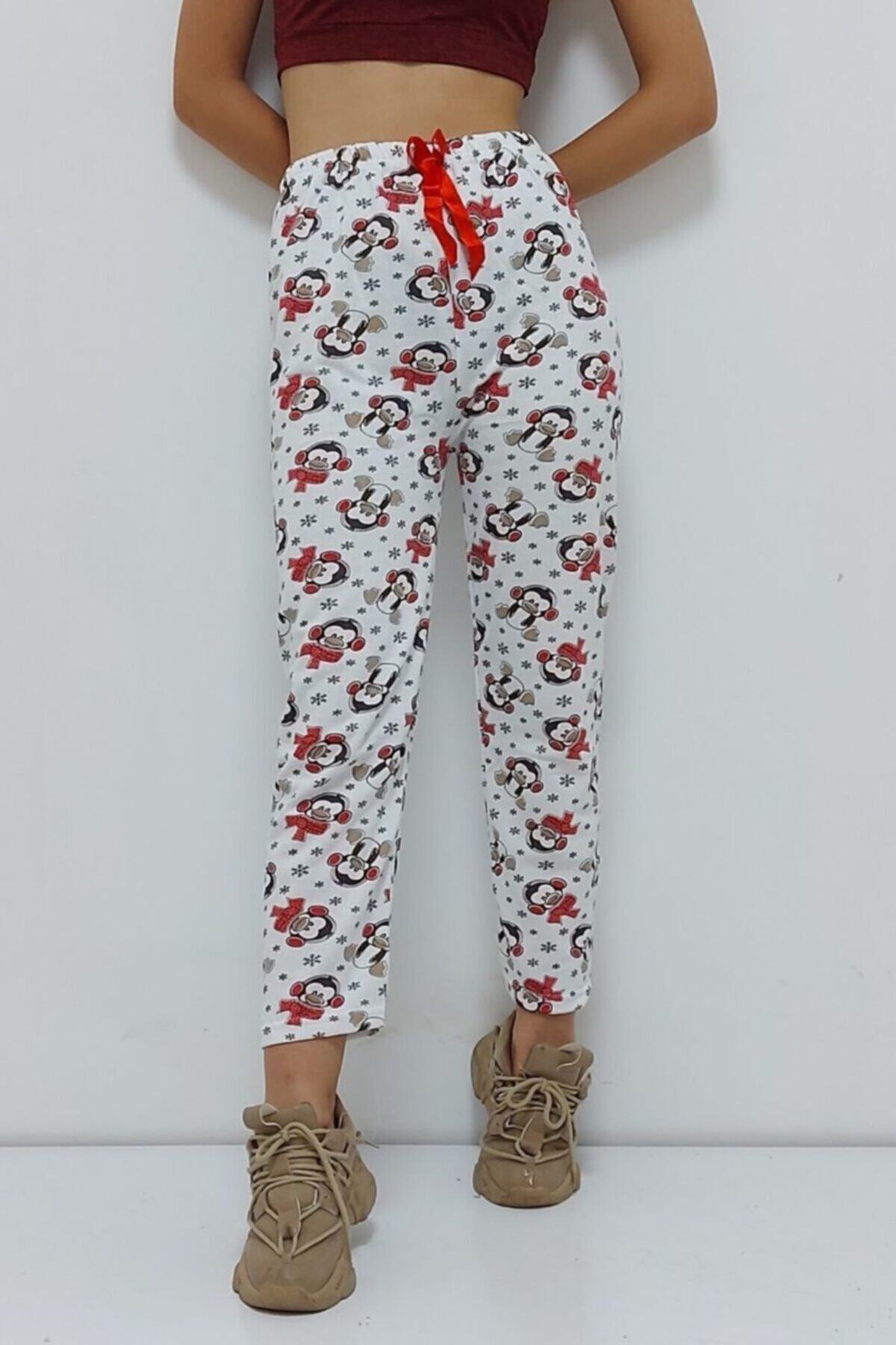 Uygunayakala Desenli Içi Pamuklu Pijama Altı Beyaz