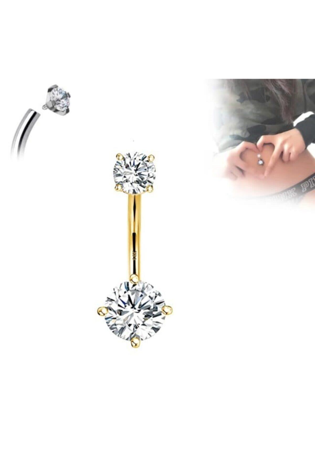 ROZA ACCESSORIES Cerahhi Çelik Gold Göbek Piercing ( Büyük Taş 10mm -küçük Taş 8mm Seçenekli)