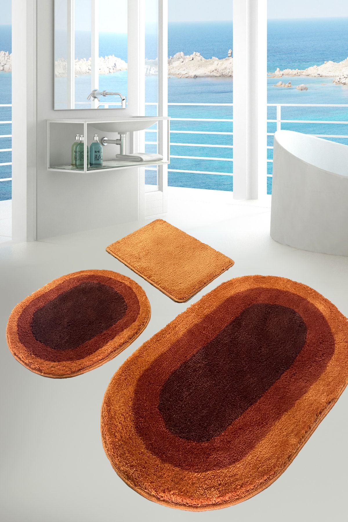 Chilai Home Elips Orange 3 Lü Set Banyo Halısı Paspas Kaymaz Taban Yıkanabilir